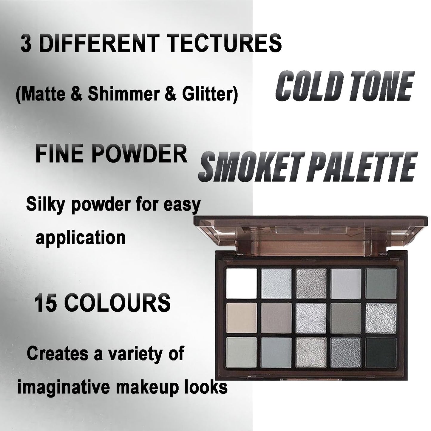 QUIWEN Black Eyeshadow Palette, Smokey Eye Shadow Pallets For Women, 15 Colour Matte Glitter Eyeshadow Palette, Black Silver Gray White Eyeshadow, Cold Tone Long Lasting Highly Pigmented Gothic Eye Makeup