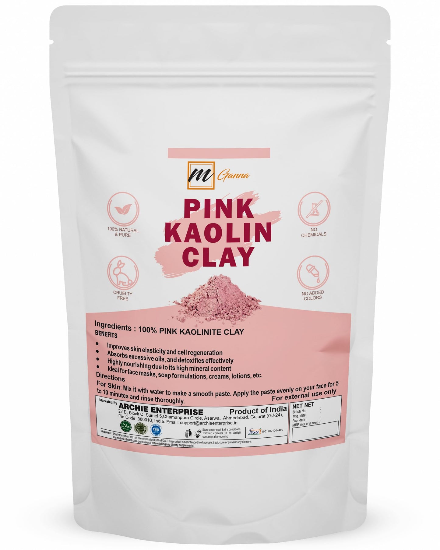 mGanna 100% Natural Rose Clay/Pink Kaolin Clay Powder (1 Pound) for Skin Tightening, Facial Masks, Creams, Face Masks, and Soap Making 1 LBS / 454 GMS