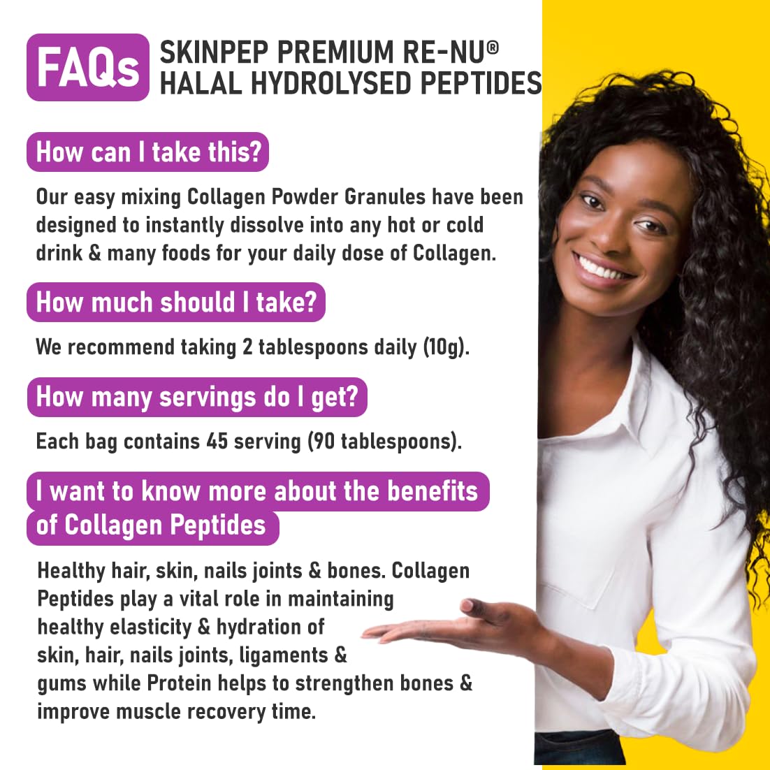 Collagen Powder, (225g) Ultra Premium Bovine Hydrolysed Peptides Granules by SkinPep - Halal & Kosher High Levels of The 8 Essential Amino Acids, Clean Unflavoured Taste & Smell