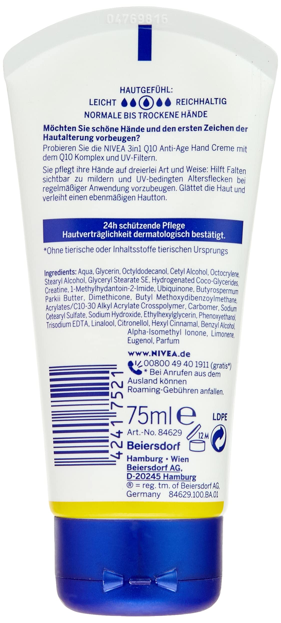 NIVEA 3-in-1 anti-ageing Q10 hand cream, 75 ml, anti-wrinkle hand care with Q10 and UV filter, nourishing skin cream for normal to dry hands