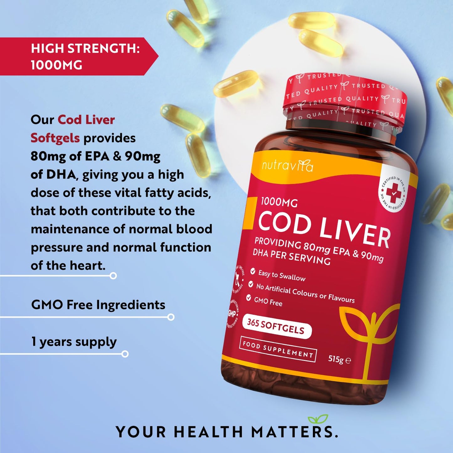Cod Liver Oil 1000mg - 365 Softgels of Premium Cold Pressed Fish Oil - Rich in High Strength Omega 3, Vitamins A, D, E & Garlic Oil - Supports Heart & Brain Health - Made in The UK by Nutravita