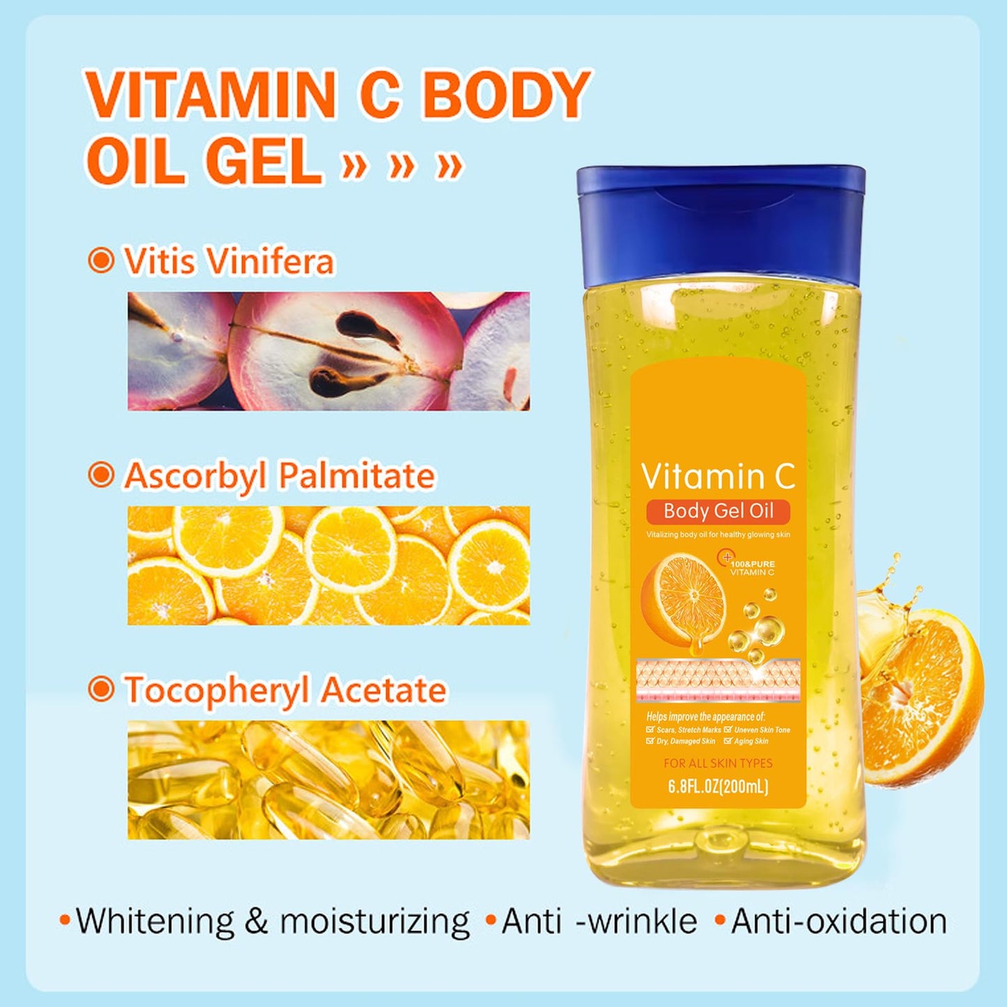 Essential Oils for Skin - Vitamin C Body Oil Gel for Women - Massage Body Oil for Dry Skin - Moisturising BodyOil Gel,Fast Absorbing & Non-Greasy,200ML