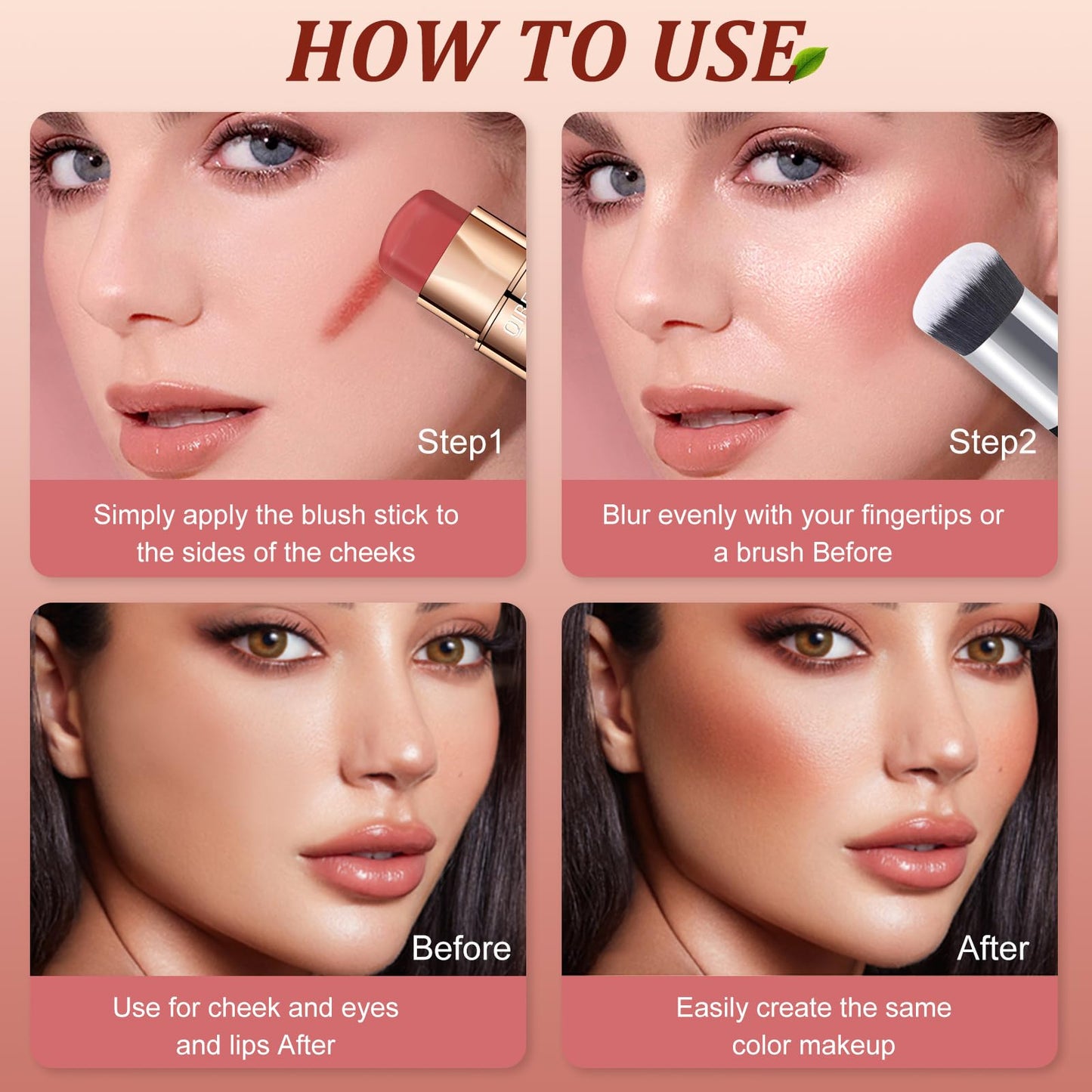 Cream Blush Stick, 3-in-1 Multi-Use Blusher Contour for Lip Cheek Eye, Long-lasting Waterproof Cream Blusher with Makeup Brush, Moisturize Blush Wand, Lightweight Face Blusher for Women Nature Look