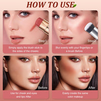 Cream Blush Stick, 3-in-1 Multi-Use Blusher Contour for Lip Cheek Eye, Long-lasting Waterproof Cream Blusher with Makeup Brush, Moisturize Blush Wand, Lightweight Face Blusher for Women Nature Look