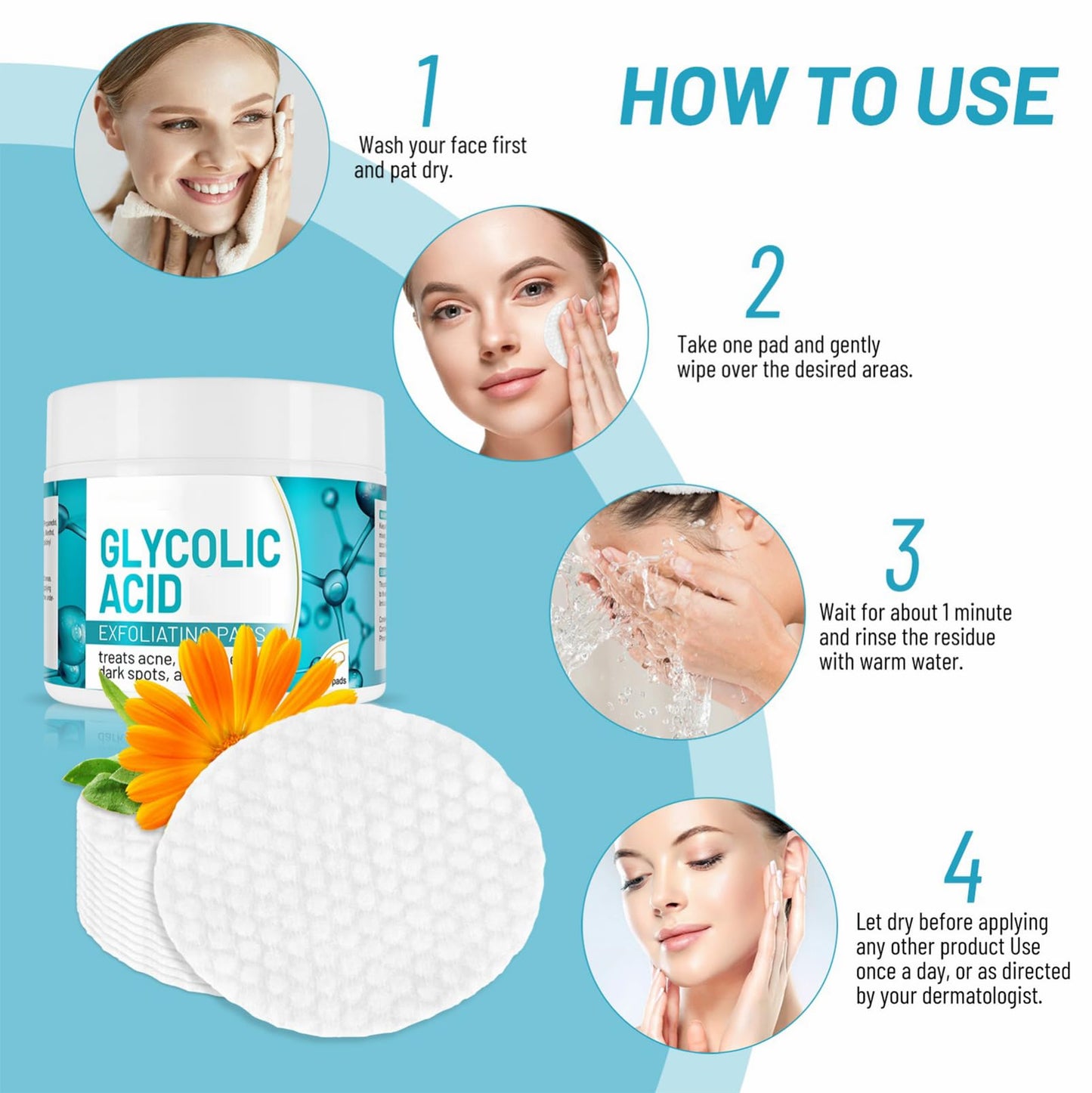 Glycolic Acid Pads - Cleansing Pads - Face Wipes With Vitamins B5, C & E - Face Exfoliator Pad Face Pads Toner Pads - Exfoliating Pads for Skin Repair Treat Acne Reduce Blackheads 50pcs