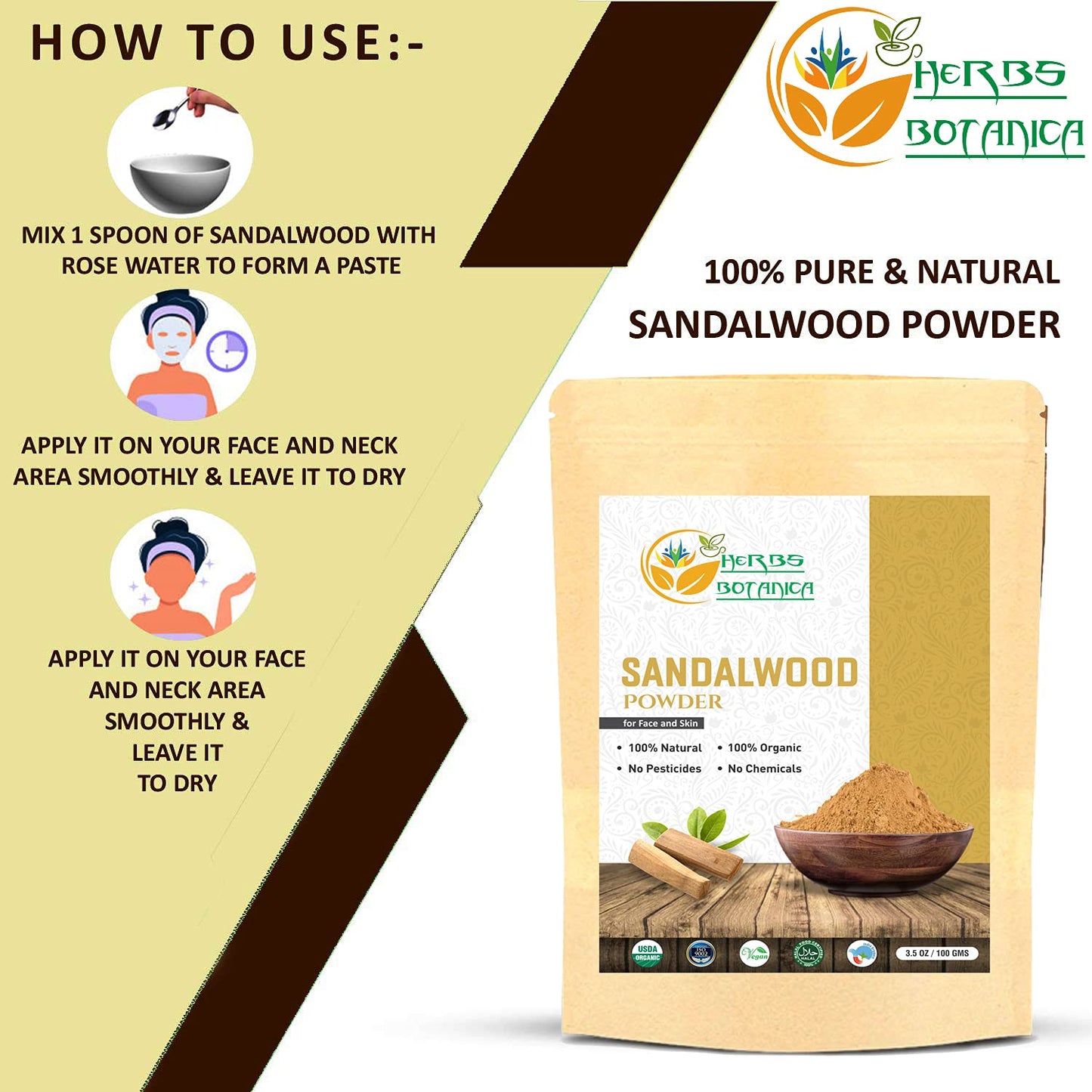 Herbs Botanica Chandan (Sandalwood) Powder Organic 100gm / 3.52 oz For Skin, Face Pack, Face Mask, Worship Tilak, Auspicious Occasions 100% Natural