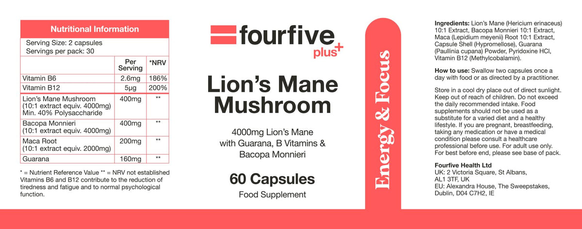 fourfive Lions Mane Mushroom Supplement (4000mg) Energy & Focus Blend, Support Brain Function, Focus & Energy - 60 Capsules