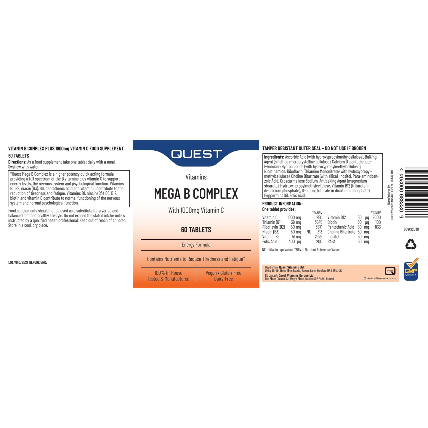Quest Mega Vitamin B Complex Tablets. High Strength Vitamin B1-B2-B3-B6-B12, Biotin & C Supports Energy Production, Stress Response, Immune System & Brain Function. 2 Month Supply. (60 Capsules)
