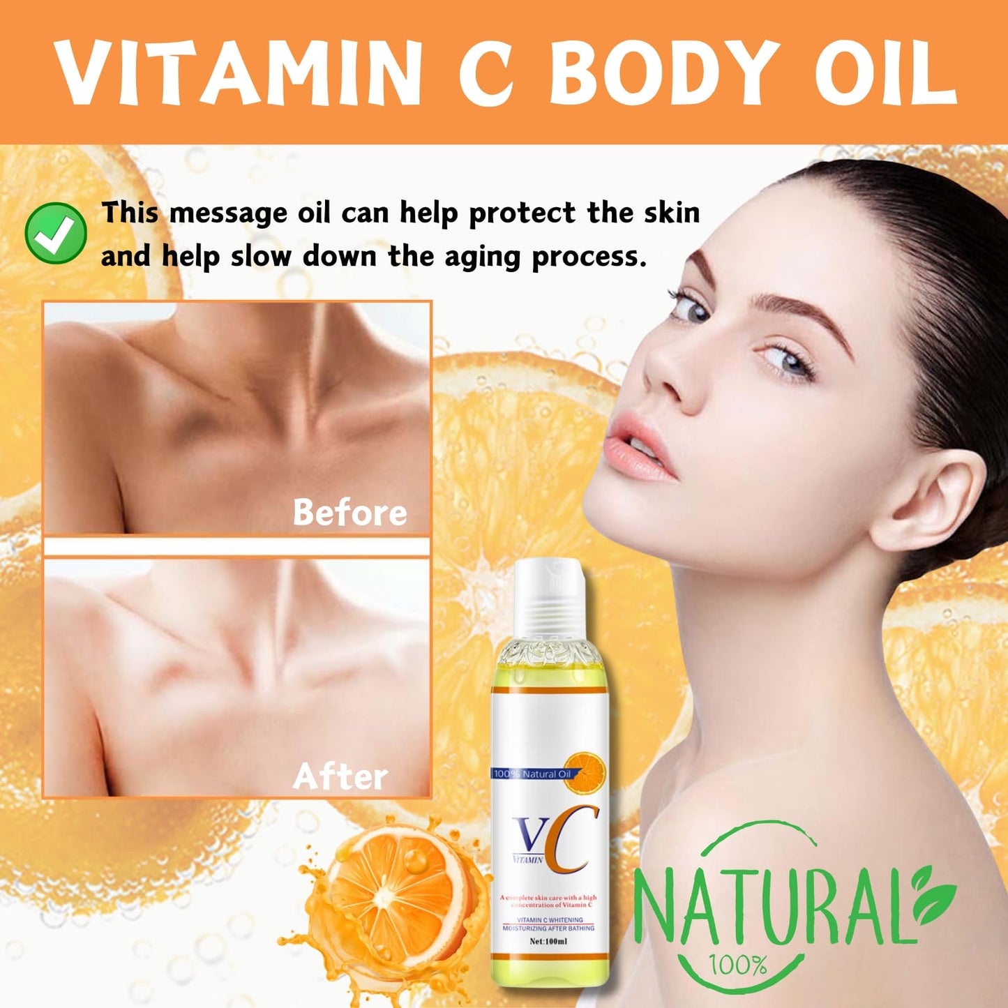 Vitamin C Oil, Vitamin C Body Oil, Organic Vitamin C Massage Oil, Body Moisturiser, Brightening Body Oil, Face&Body Skin Care - Massage Body Oil for Dry Skin Easy Absorb&Anti Winkle