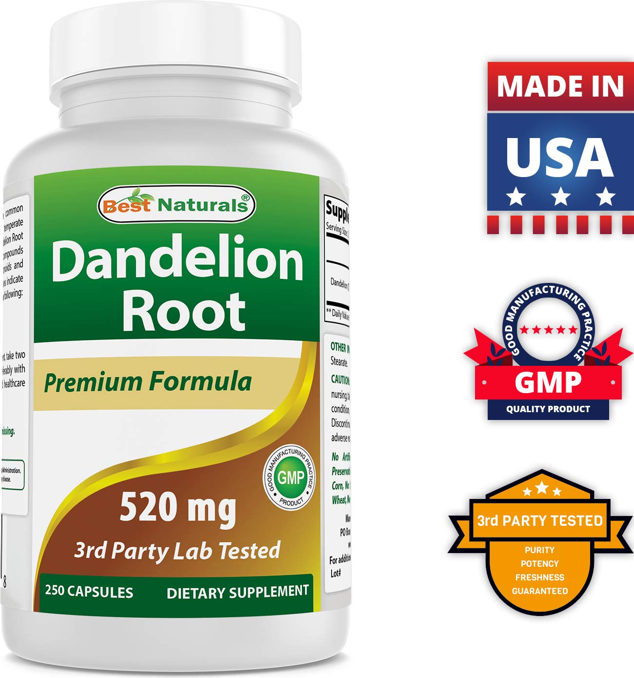 Best Naturals Dandelion Root 520 mg 250 Capsules (250 Count (Pack of 2))