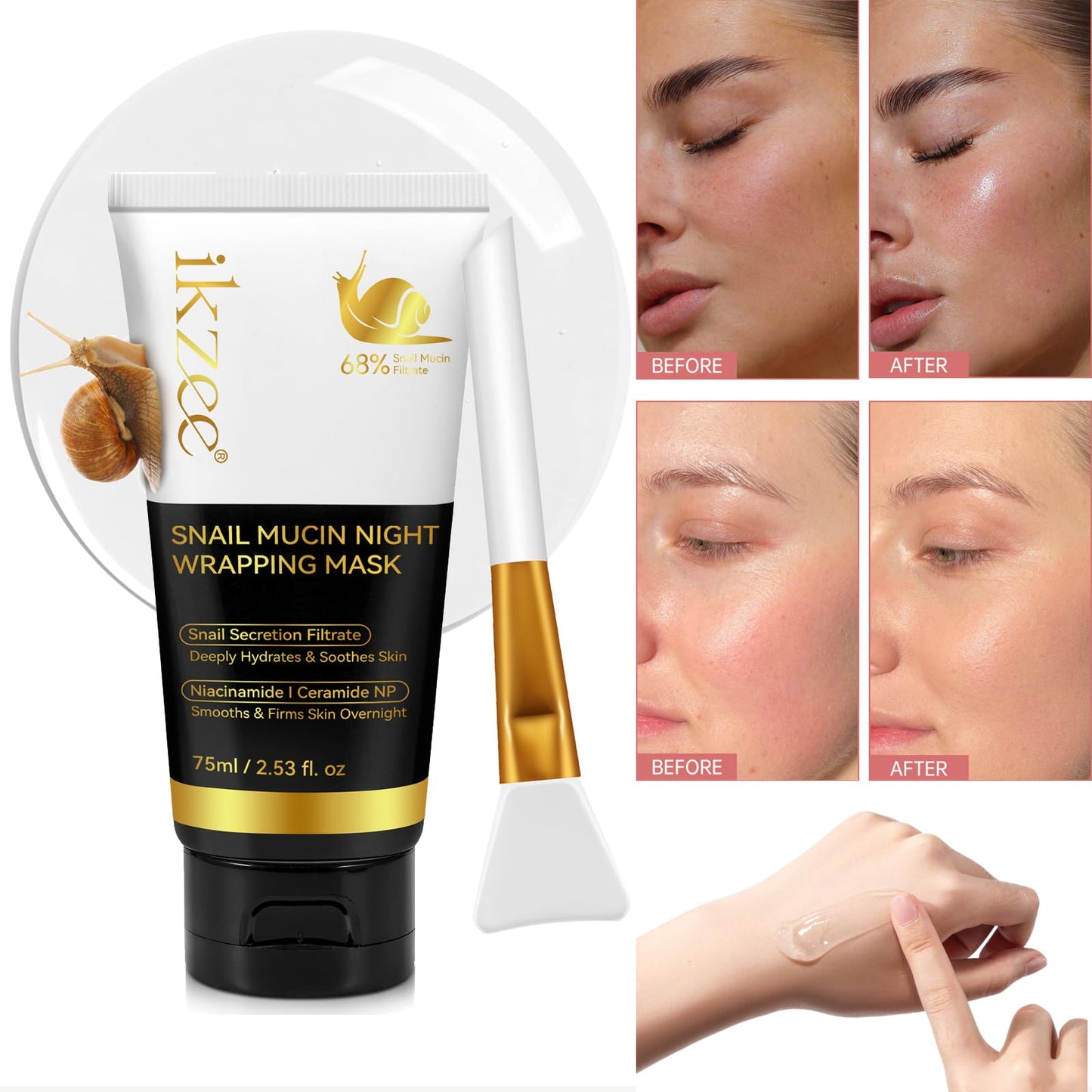 Midgpnes Snail Mucin Collagen Wrapping Peel Off Face Mask, Niacinamide Night Treatment, Deeply Hydrates and Tightens Soothes Skin,Firms Skin Overnight,75ml with Brush