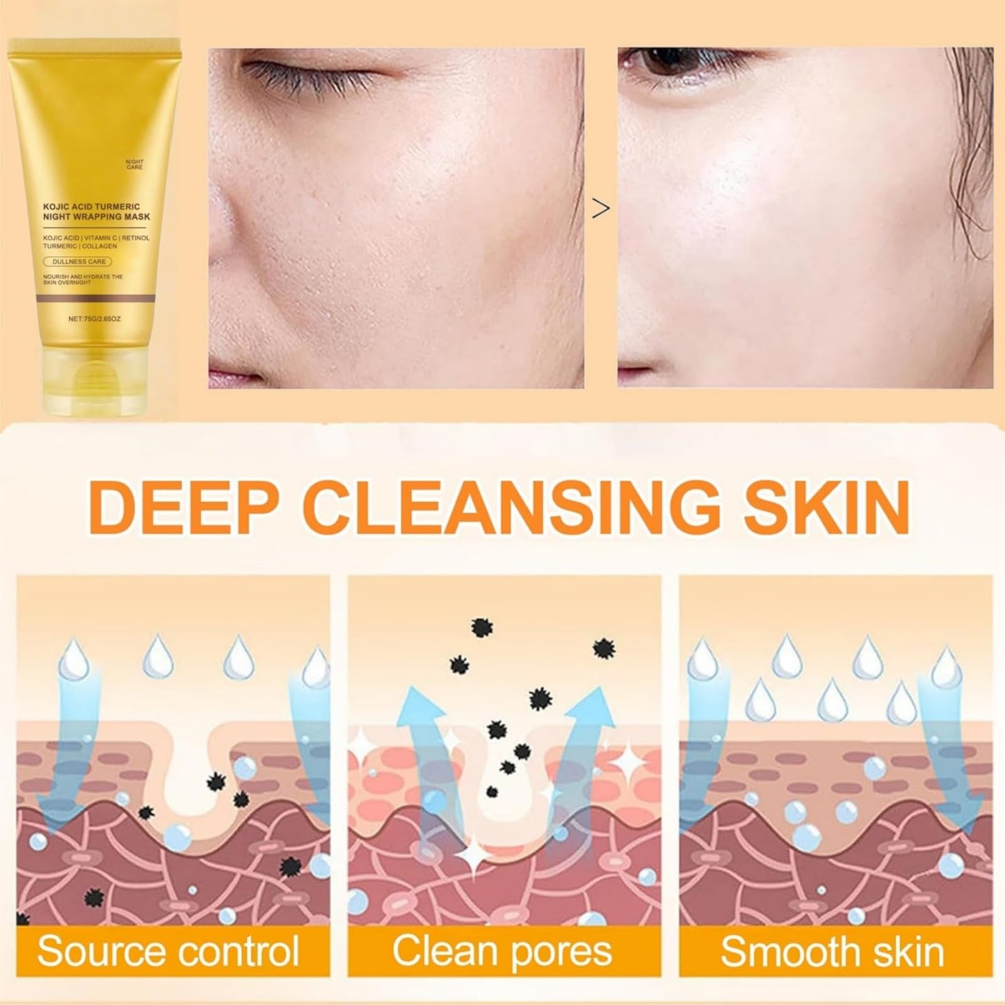 Koj-Ic Acid Turmeric Collagen Night Wrapping Mask,Turmeric And Koj-Ic Acid Face Mask,Turm-Eric Face Ma-Sk,Overnight Brightening Fa-Ce Ma-Sk,Nourishes Dull Uneven Skin&Improved Elasticity,Deep Hydrat