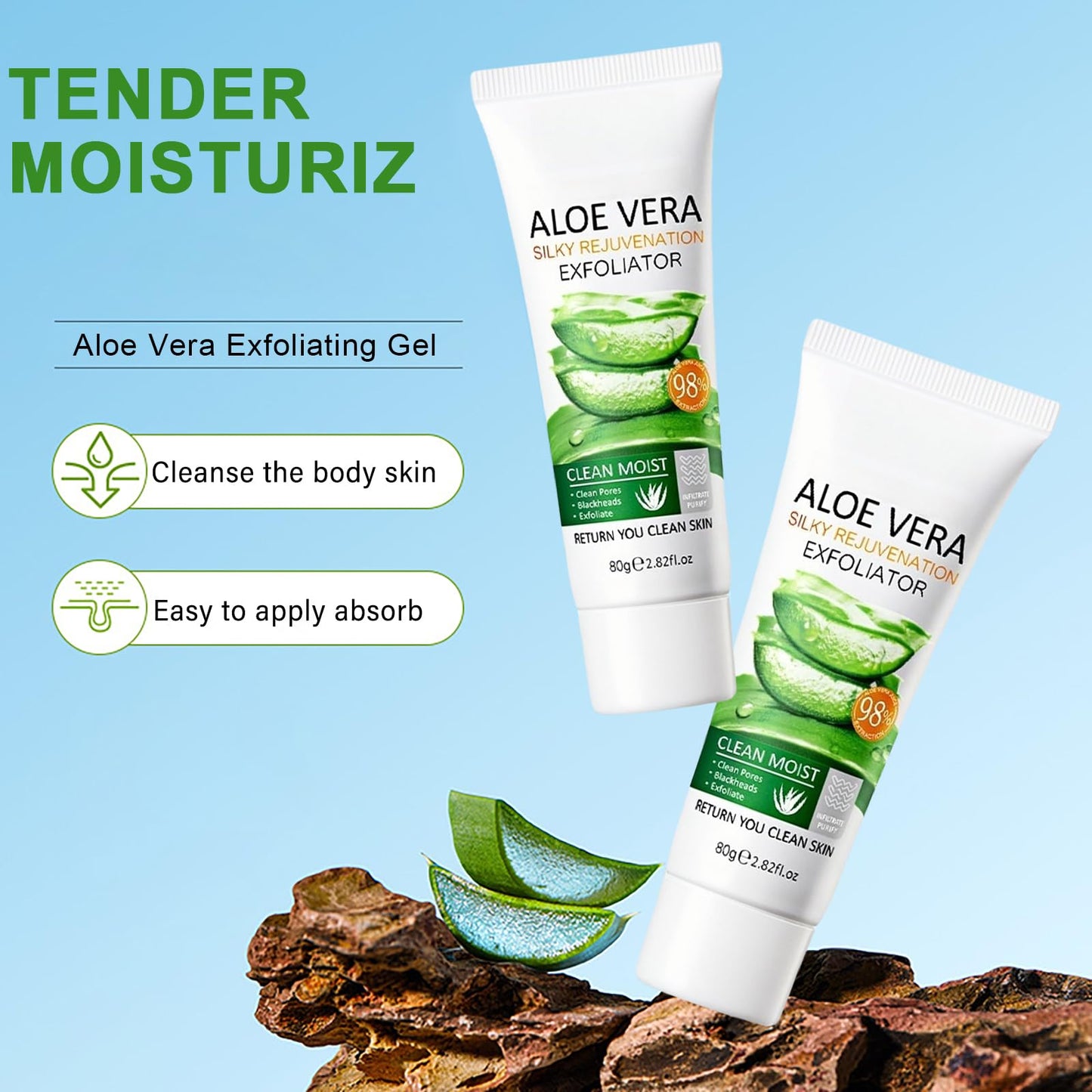 AuraBeen 2PCS Aloe Vera Exfoliating Gel - Gentle Face Scrub with Silky Peeling, Aloe Vera - Infused Exfoliator for Overall Skin Smoothness