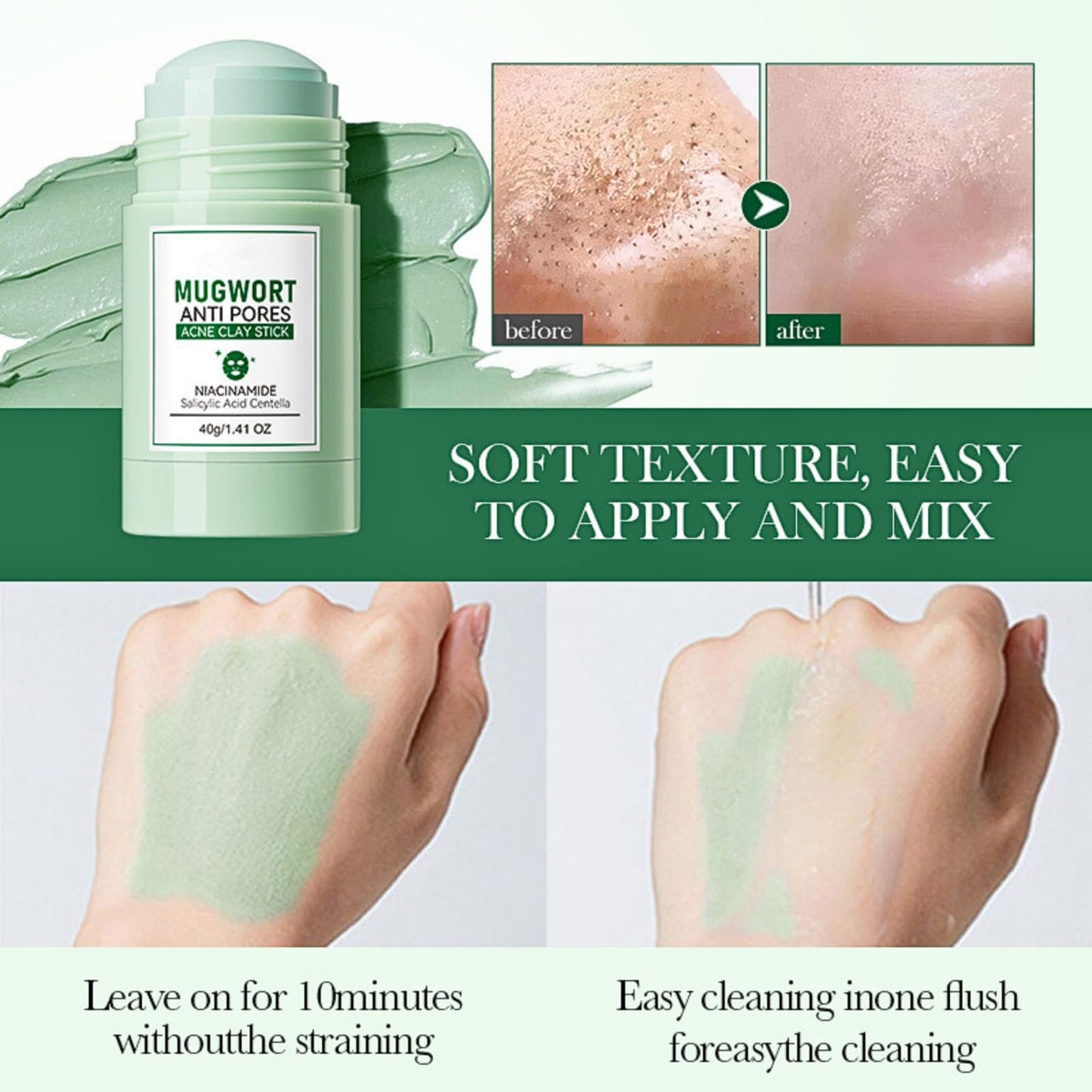 TBeautfave 2 Pack Mugwort Clay Mask Stick, Mugwort Acne Face Masks Skincare, Organic Clay Face Mask Stick, Mugwort Mud Mask Stick, Green Mask Stick, Blackhead Remover, Shrink Pores