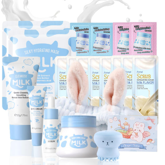 Cureluxe 21pcs Milk Skin Care Sets & Kits - Milk Beauty Gifts for Teenage Girls - Nourish Skin Pamper Gifts for Women Kit with Cleanser,Eyecream,Cream,Serum,Scrub,Mask,Brush,Headband,Lovely Greet Card