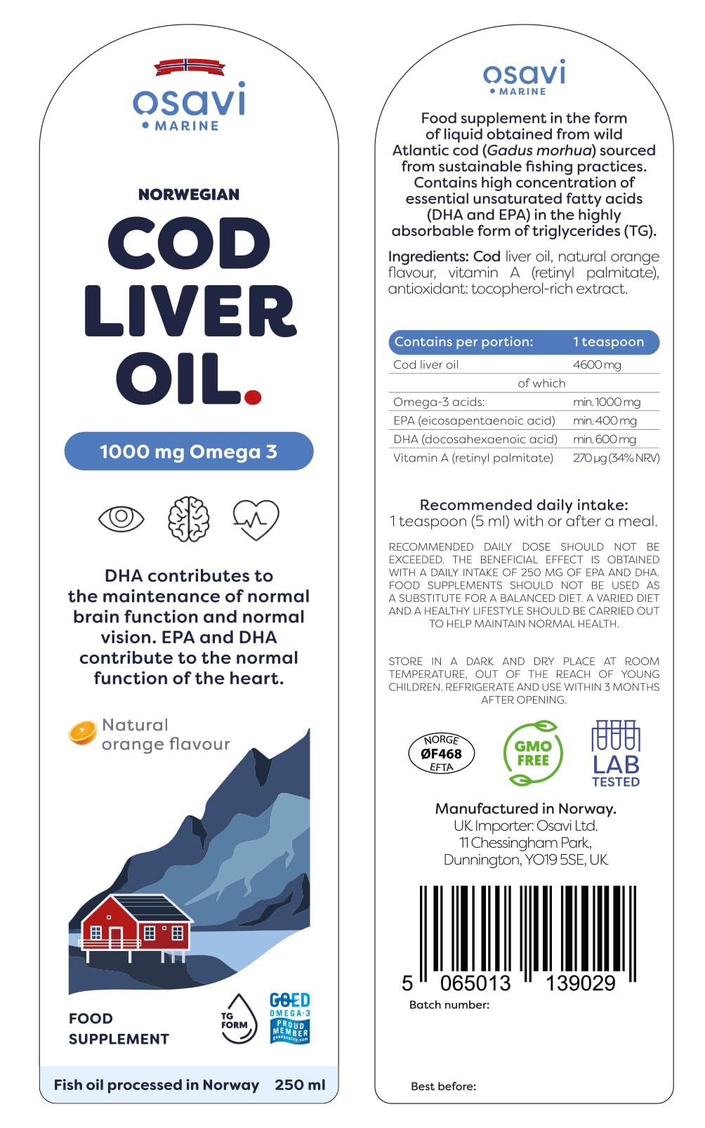 Osavi Norwegian Cod Liver Oil, 1000mg Omega 3 (Orange) - 250 ml.