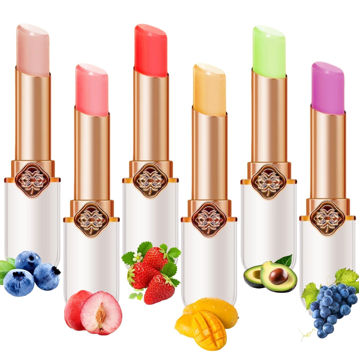 6-Pack Jelly Lipstick Set - Fruit-Infused Color Changing Lip Balm - Peach, Aloe Vera, Strawberry, Blueberry, Avocado & Grape - Long-Lasting, Moisturizing Lip Makeup (6PCS)