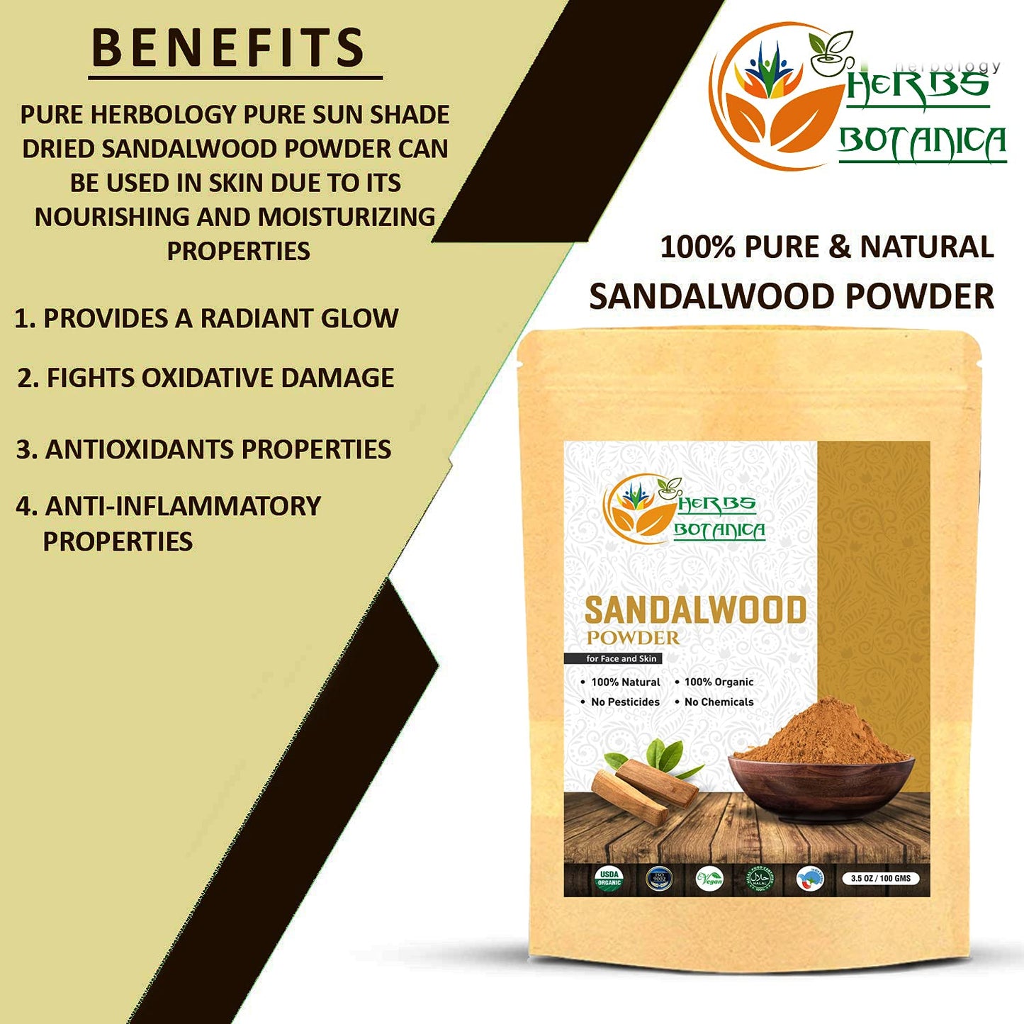 Herbs Botanica Chandan (Sandalwood) Powder Organic 100gm / 3.52 oz For Skin, Face Pack, Face Mask, Worship Tilak, Auspicious Occasions 100% Natural