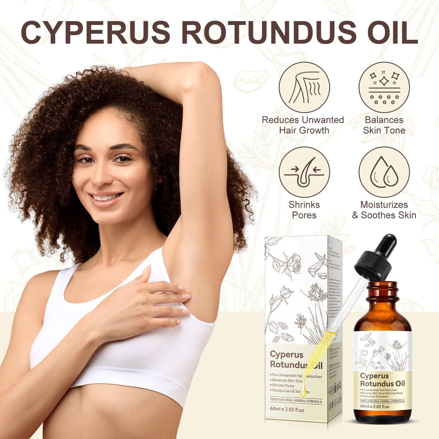 Cyperus Rotundus Oil, 60ml Cyperus Oil for Hair Removal, Pure Natural Cyperus Rotundus Hair Removal Oil, Gentle & Non-Irritating, Easy to Removal Body Hair