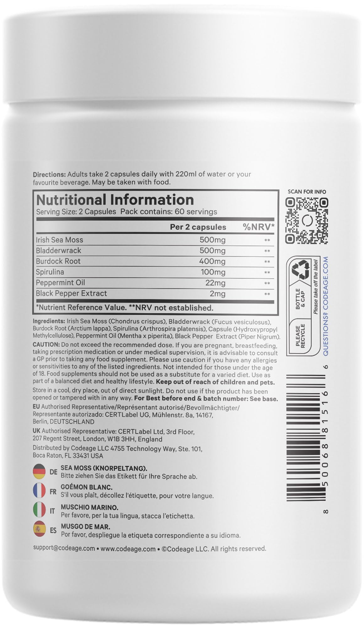 Codeage Raw Wildcrafted Irish Sea Moss Supplement – with Bladderwrack, Burdock Root, Spirulina, BioPerine & Peppermint Oil – Vegan, Non-GMO – Superfood Mineral Complex – 120 Capsules