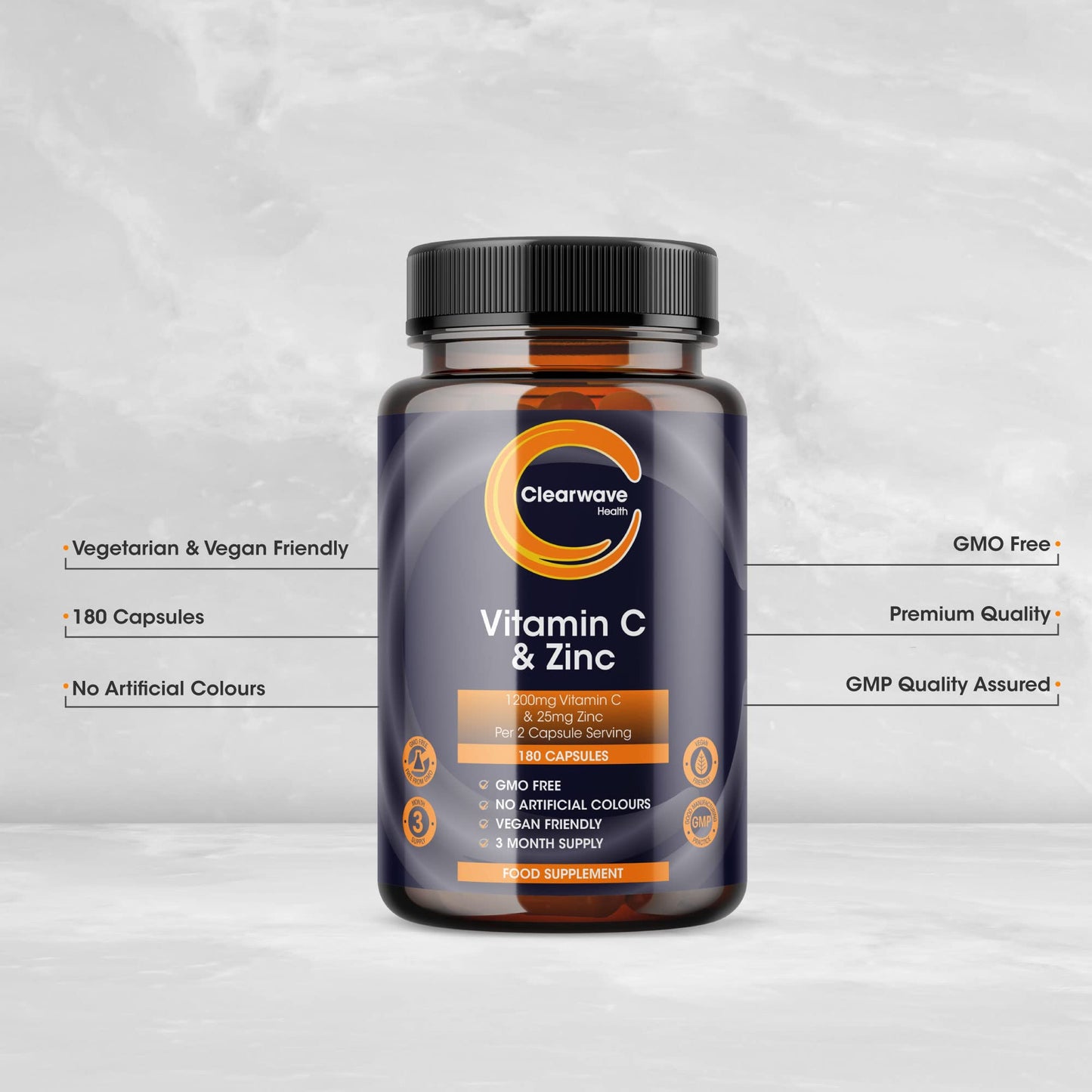 Clearwave Health Vitamin C and Zinc Capsules - Vitamin C 1200mg & Zinc 25mg- Vitamin C & Zinc for Maintenance of Normal Immune System - 180 Vegan Vitamin C & Zinc Capsules (not Tablets) - 2 per Daily Serving