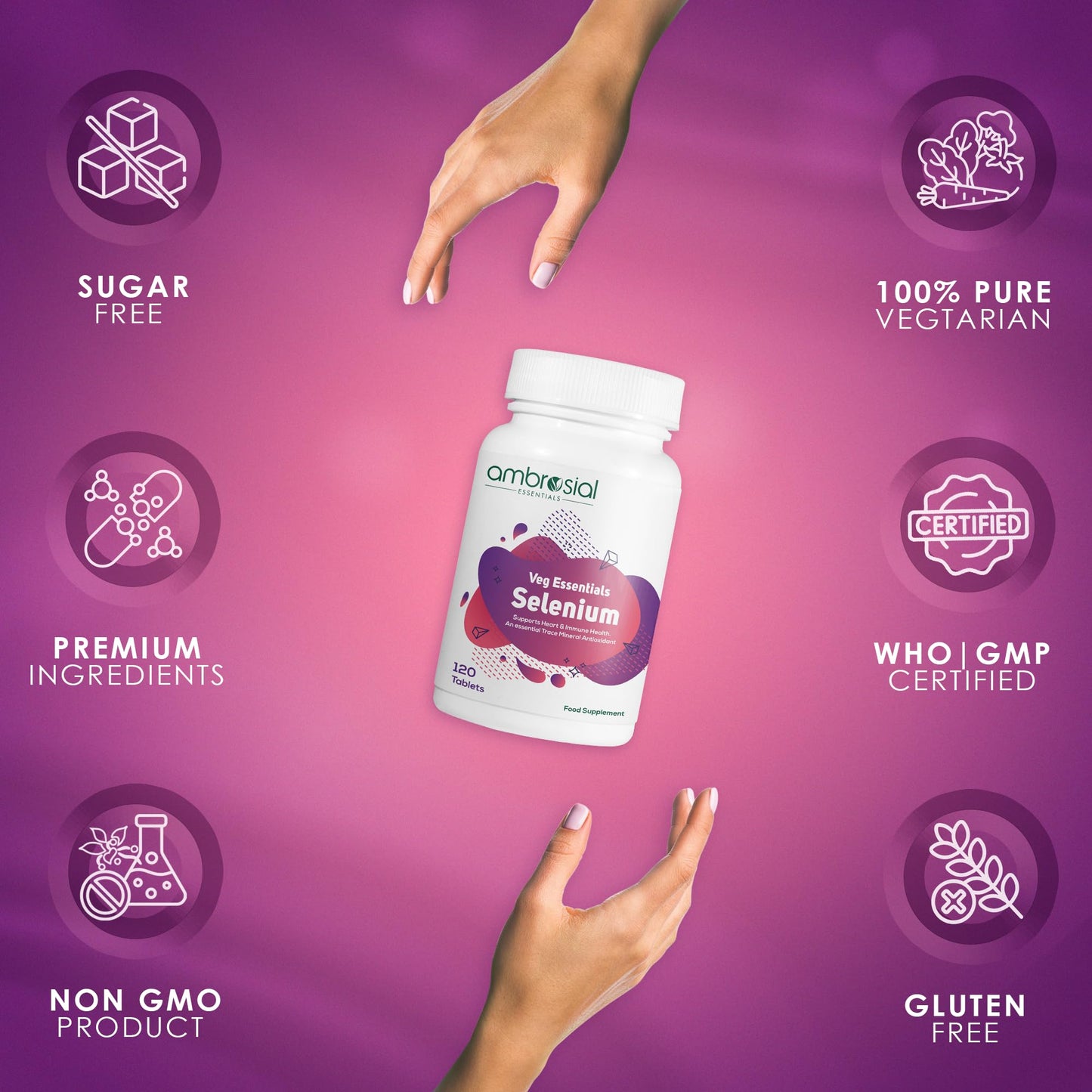 AMBROSIAL Ambrosial Selenium Supplements - 120 Tablets, 200 mcg L-Selenomethionine, Gluten Free, Vegan Hair, Skin and Nail Vitamins with Trace Minerals for Healthy Immune System, Supplement for Men & Women