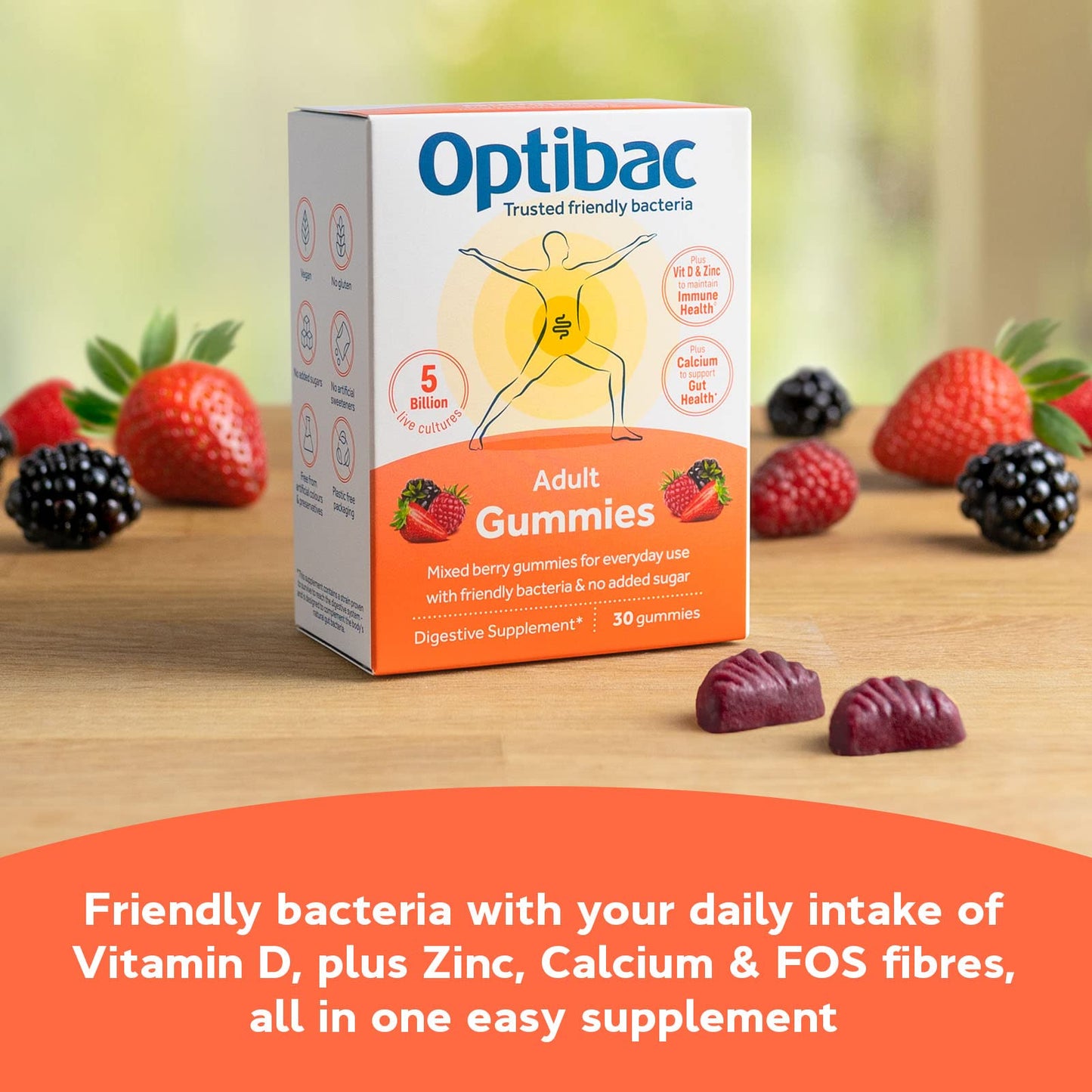 Optibac Probiotics Adult Gummies - Vegan Digestive Probiotic Supplement with Vitamin D, Zinc & Calcium for Immune Support & Gut Health - 5 Billion Bacterial Cultures - 30 Gummies