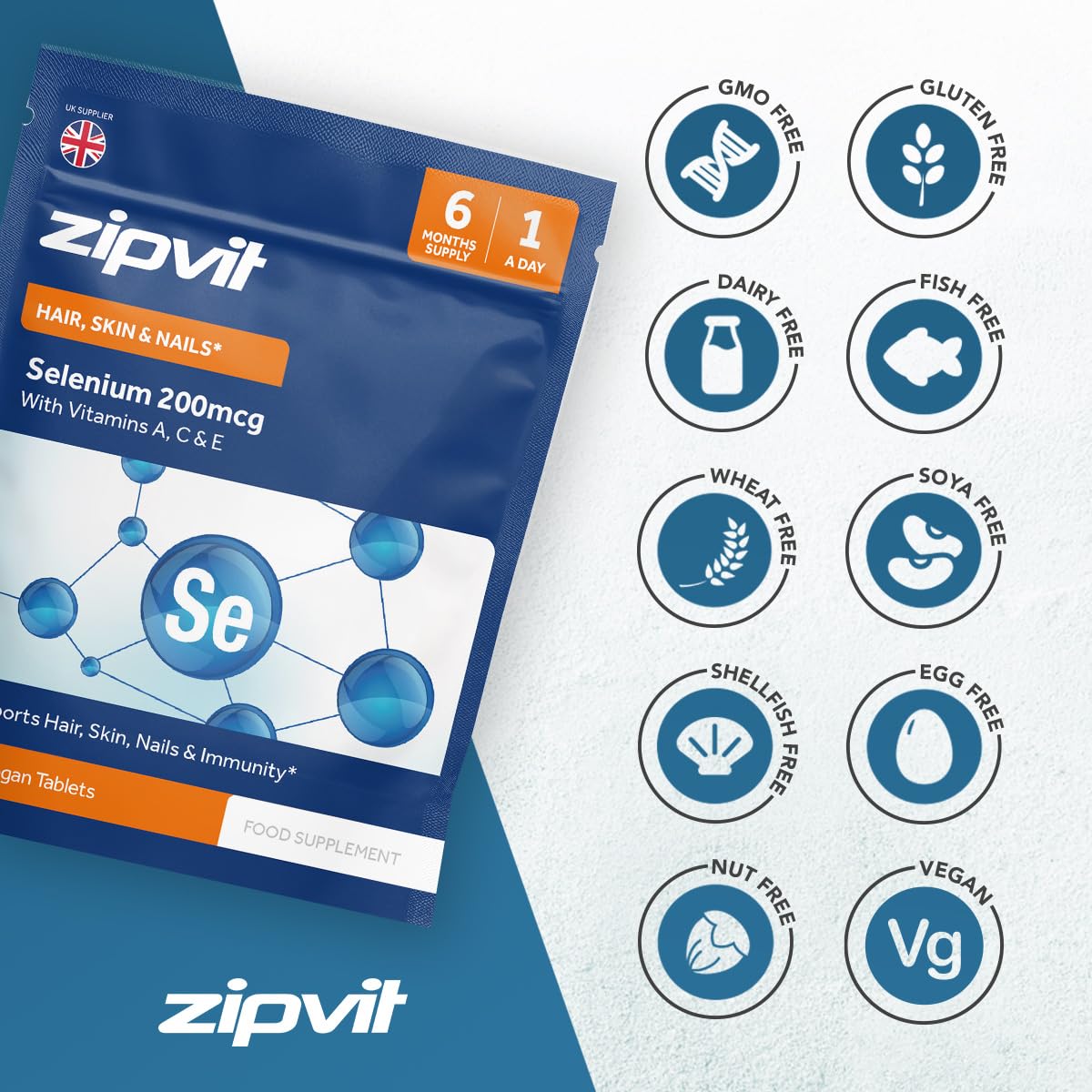 Zipvit Selenium 200mcg with Vitamins A, C, E Pouch. 180 Vegan Tablets. Supports Normal Thyroid, Skin, Hair & Nails, Immune System, and Antioxidant Protection. 6 Month Supply. UK Supplier.