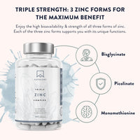 Triple Zinc 25mg - 3 Forms of Zinc with Vitamin C - Zinc Picolinate, Zinc Bisglycinate and Zinc Monomethionine - 180 High Strength Zinc Tablets - 6 Months Supply - Natural Zinc Supplements