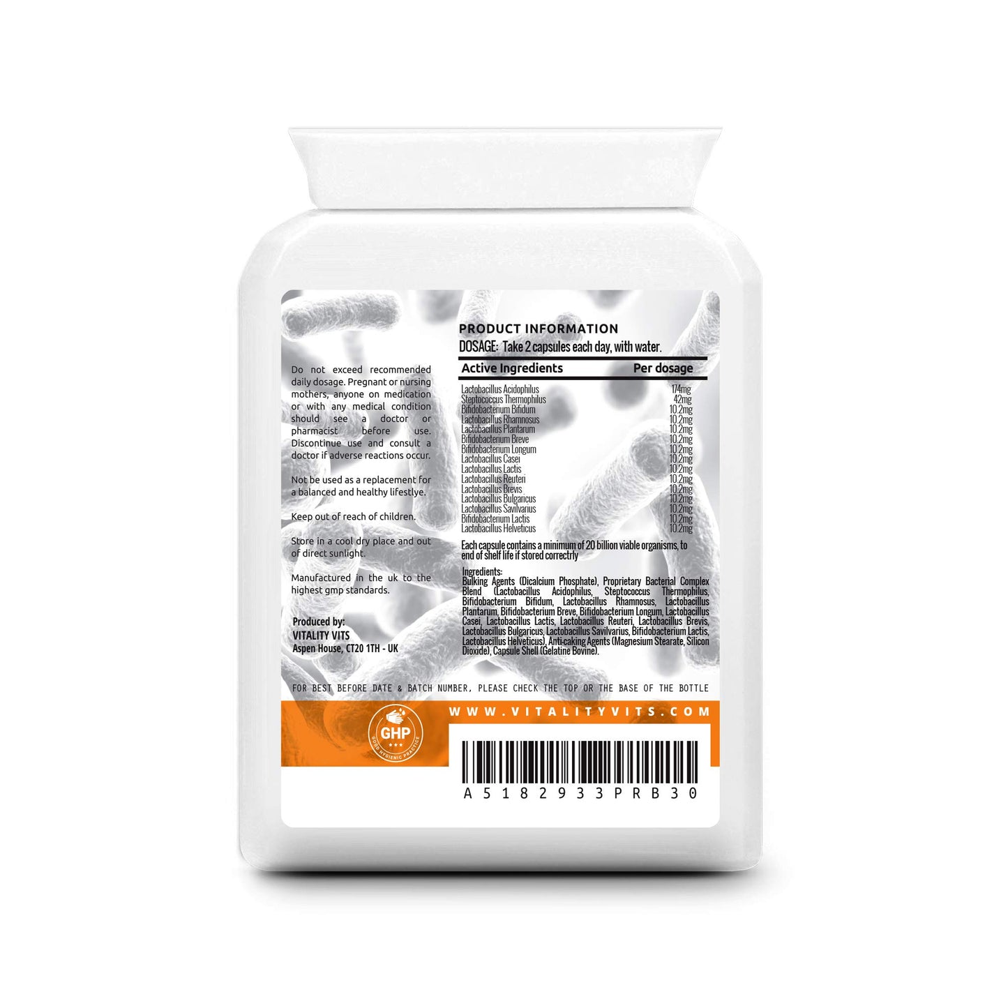 VITALITYVITS Probiotic Complex – Digestive Health – 40 Billion CFU – 15 Bacteria Strains - High Potency MAX Strength - Acidophilus Capsules (30 Capsules)