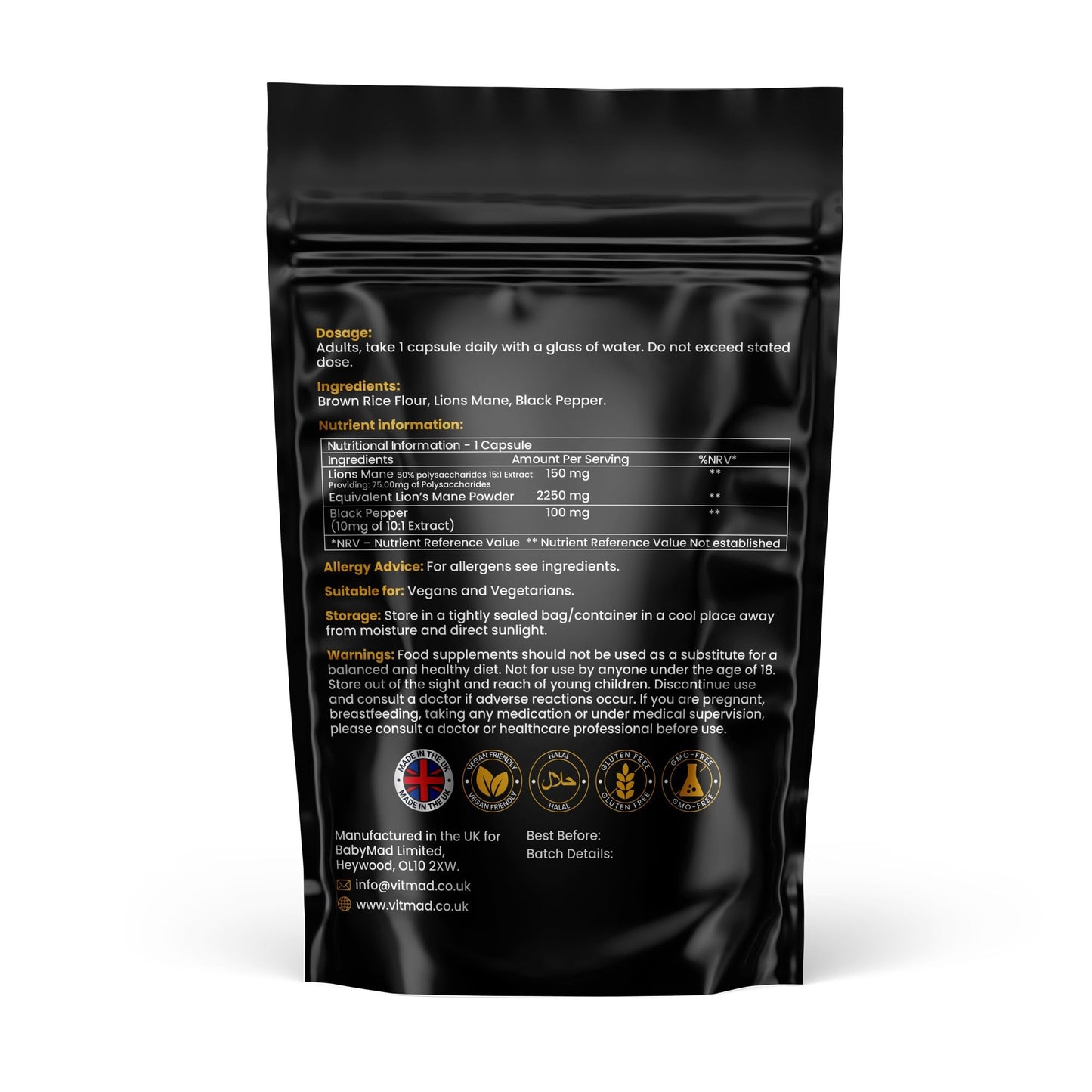 Vitmad Lions Mane Supplement 2250mg per Capsule - 1 a Day - 50% polysaccharides (60)