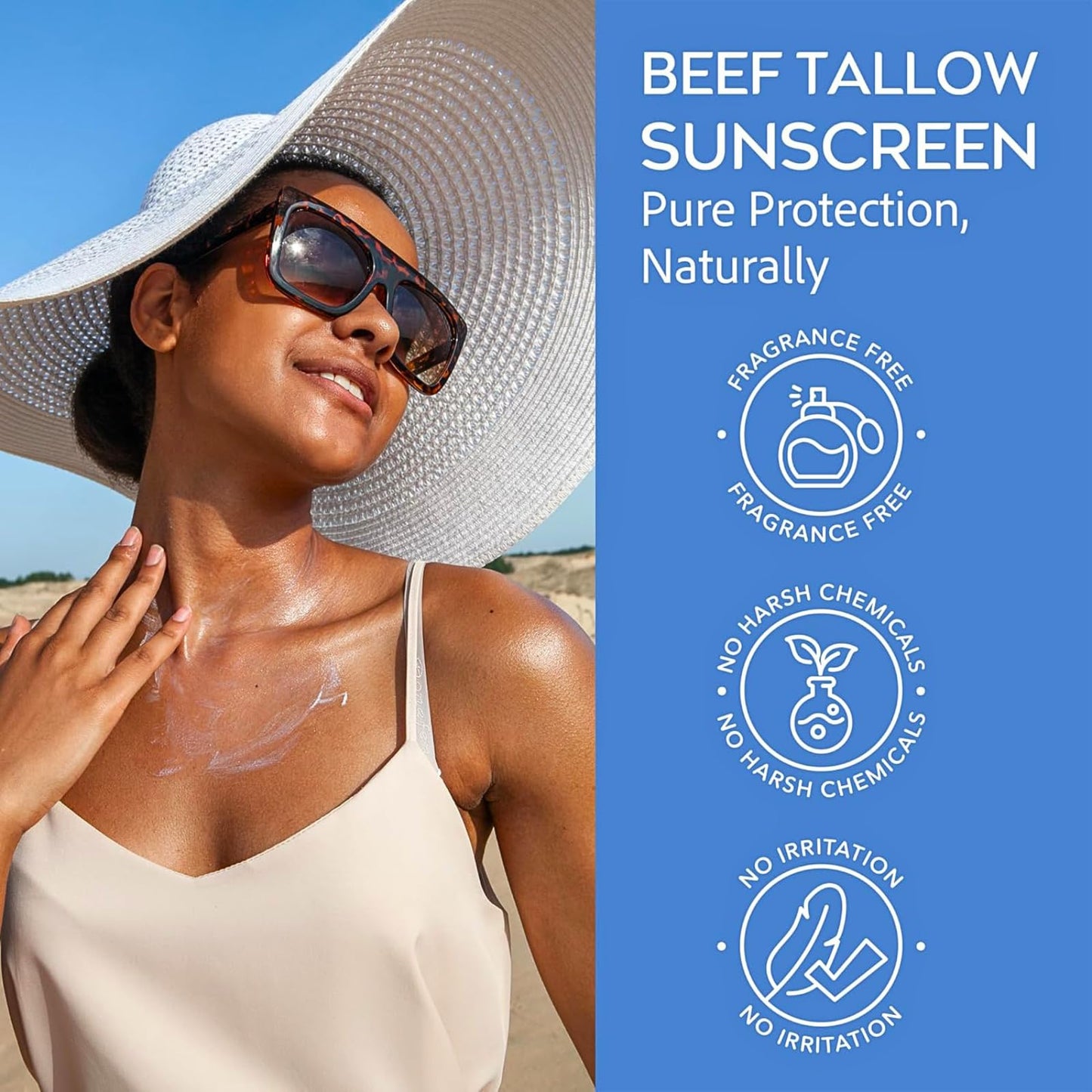 Non-Toxic Natural Mineral Sunscreen SPF 50 | Safest Organic Beef Tallow Moisturiser & Non Nano Zinc Oxide Sunscreen | Reef Safe, Clean Non-Greasy Formula Sunblock for Face & Body | Women & Men