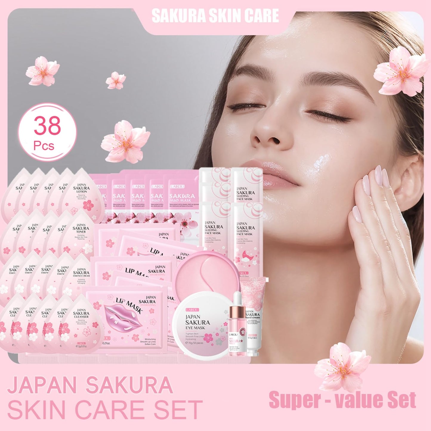 DMQ Skin Care for Teenage Girls, 38PCS Skin Care Sets & Kits, Sakura Skincare Set, Pamper Sets for Women Gifts, Serum, Hand Cream, Eye Mask, Sleep Mask, Lip Mask, Cleanser, Cream, Lotion, Toner, Mud Mask
