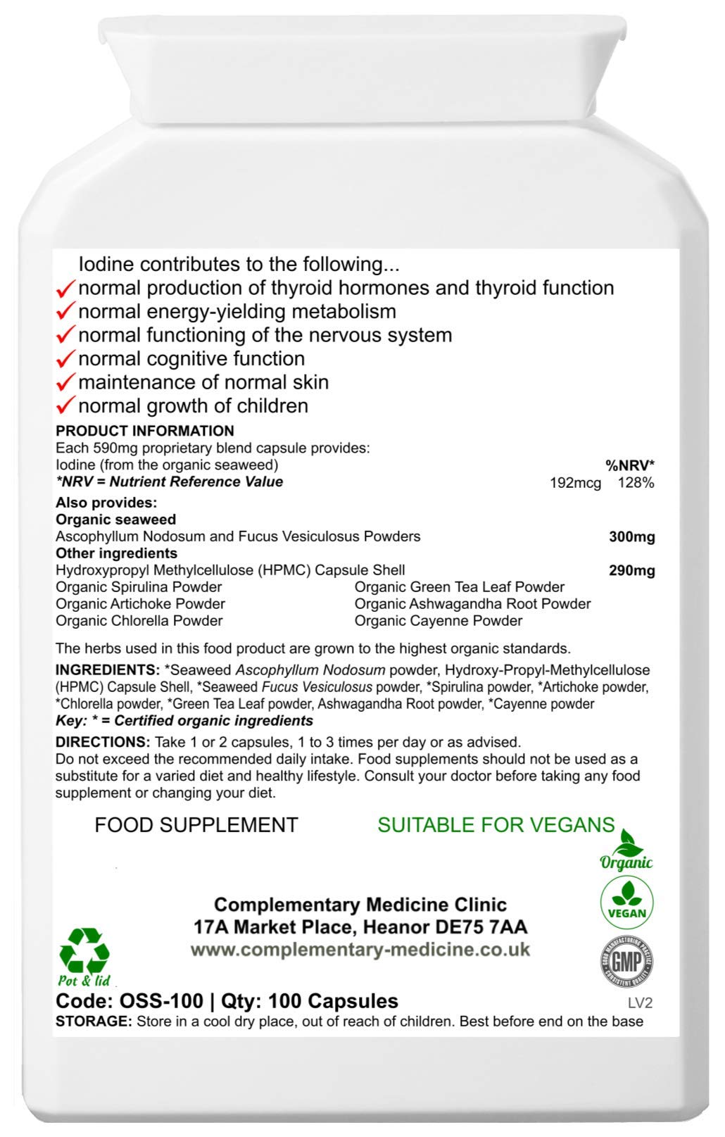 Complementary Supplements - Organic Seaweed Complex - Herbal Thyroid Health Support - Fucus Vesiculosus Bladderwrack, Kelp, Spirulina, Chlorella, Ashwagandha | 100 Capsules