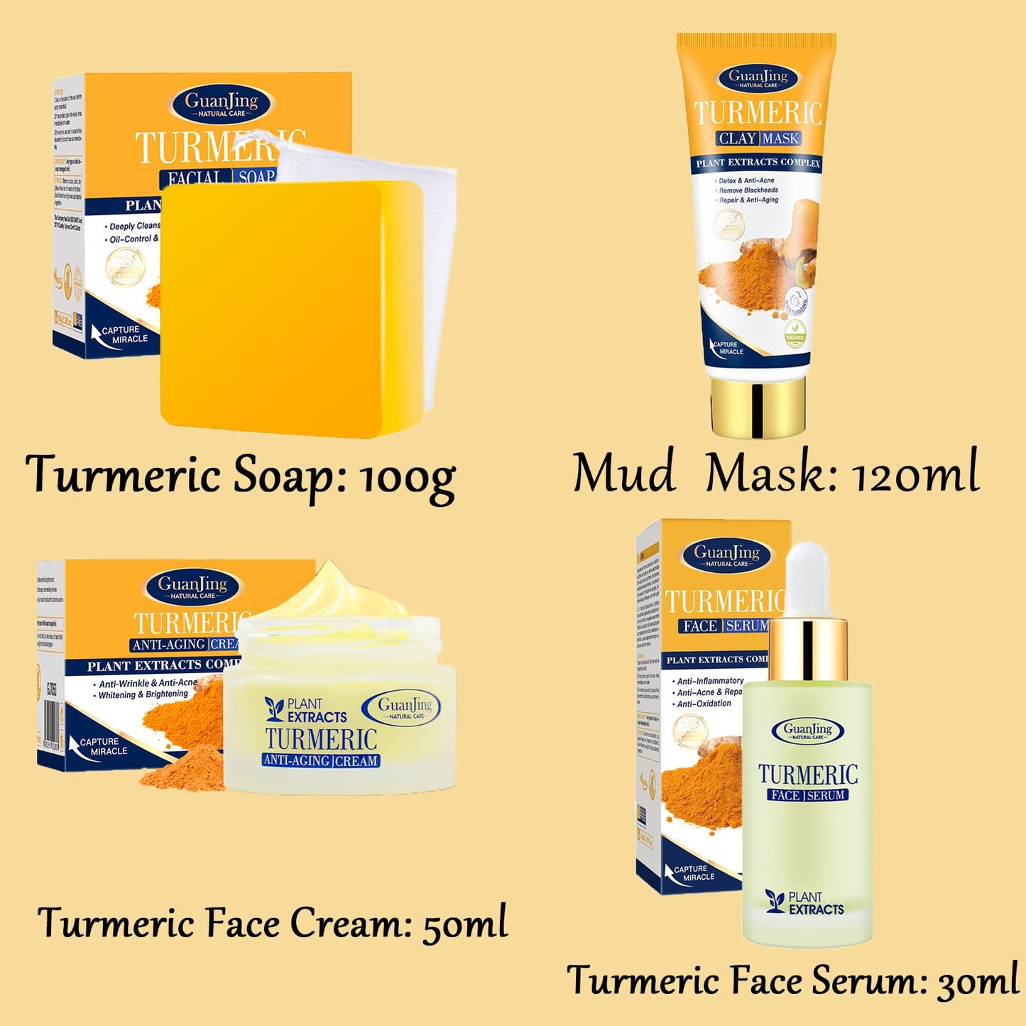 Turmeric Skincare Set,4PCS Turmeric Skincare Set for Teenagers Girls,Pamper Gifts for Women,Mud Mask & Turmeric Soap Bar & Face Serum & Face Cream,Reduce Acne&Blackhead,Deep Nourishing for Dry Skin