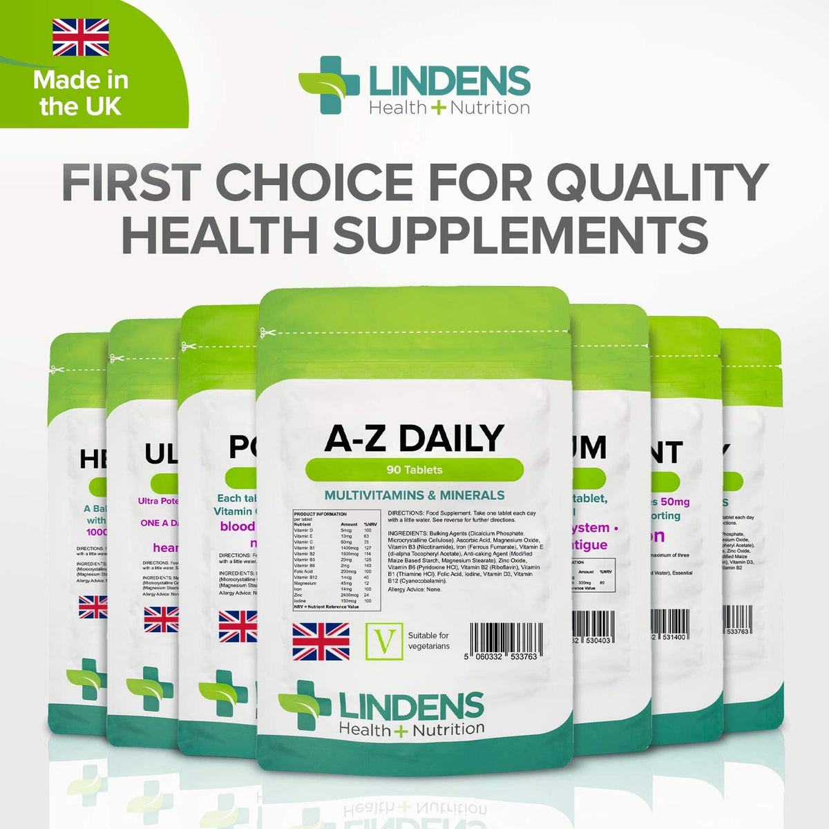 Lindens Multivitamin A-Z Daily Tablets - 90 Pack, UK Made, Perfect Vitamin & Mineral Balance of Vitamin A, C, D, E, B1, B2, B3, B6, B12, Folic Acid, Magnesium, Iron, Zinc & Iodine - Letterbox Friendly