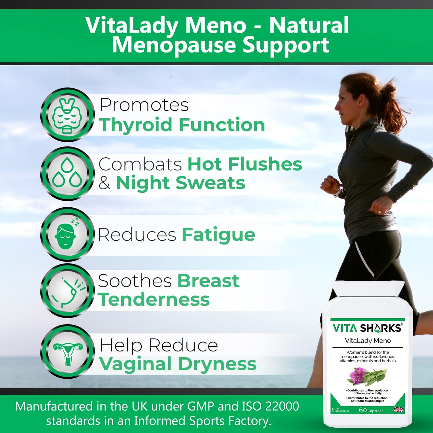 Vita Sharks VitaLady Meno for Natural Relief & Support of Menopause Symptoms & Hot Flashes, with 13 Potent Kosher Vegan Herbal Ingredients Including B6, Zinc & Isoflavones