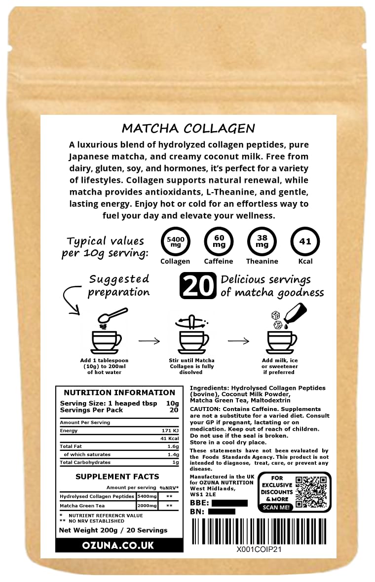 OZUNA NUTRITION Matcha Collagen Peptides Powder with L-Theanine & Natural Caffeine | Dairy-Free Matcha Latte | Matcha with Collagen for Skin, Hair & Nails | Keto & Paleo Friendly