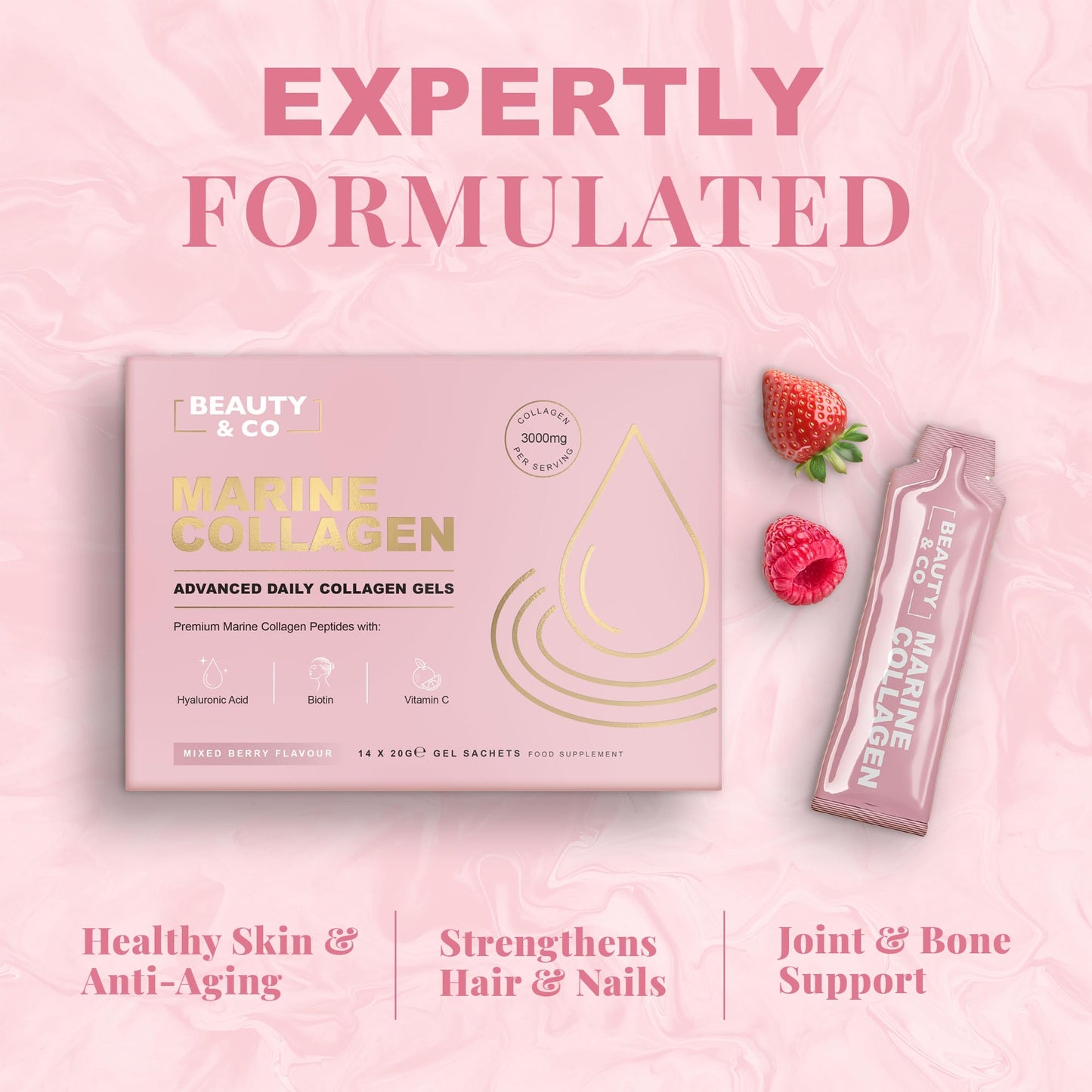Beauty & Co Marine Collagen Gels | 3,000mg with Hyaluronic Acid, Biotin & Vitamin C | Collagen Supplements for Women | High Absorption | (14 Gels)