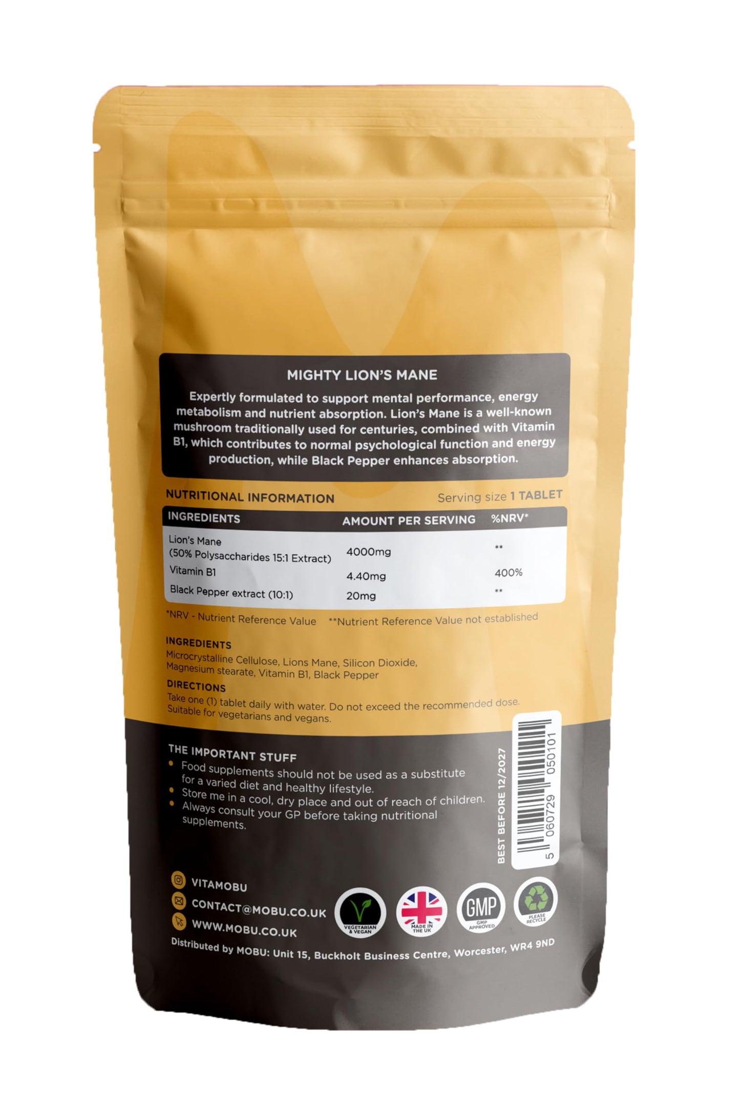 MOBU Lions Mane Supplement 4000mg with Vitamin B1 & Black Pepper, 120 Vegan Tablets - Lion's Mane Mushroom 15:1 Extract, UK Made for Mental Performance & Nervous System