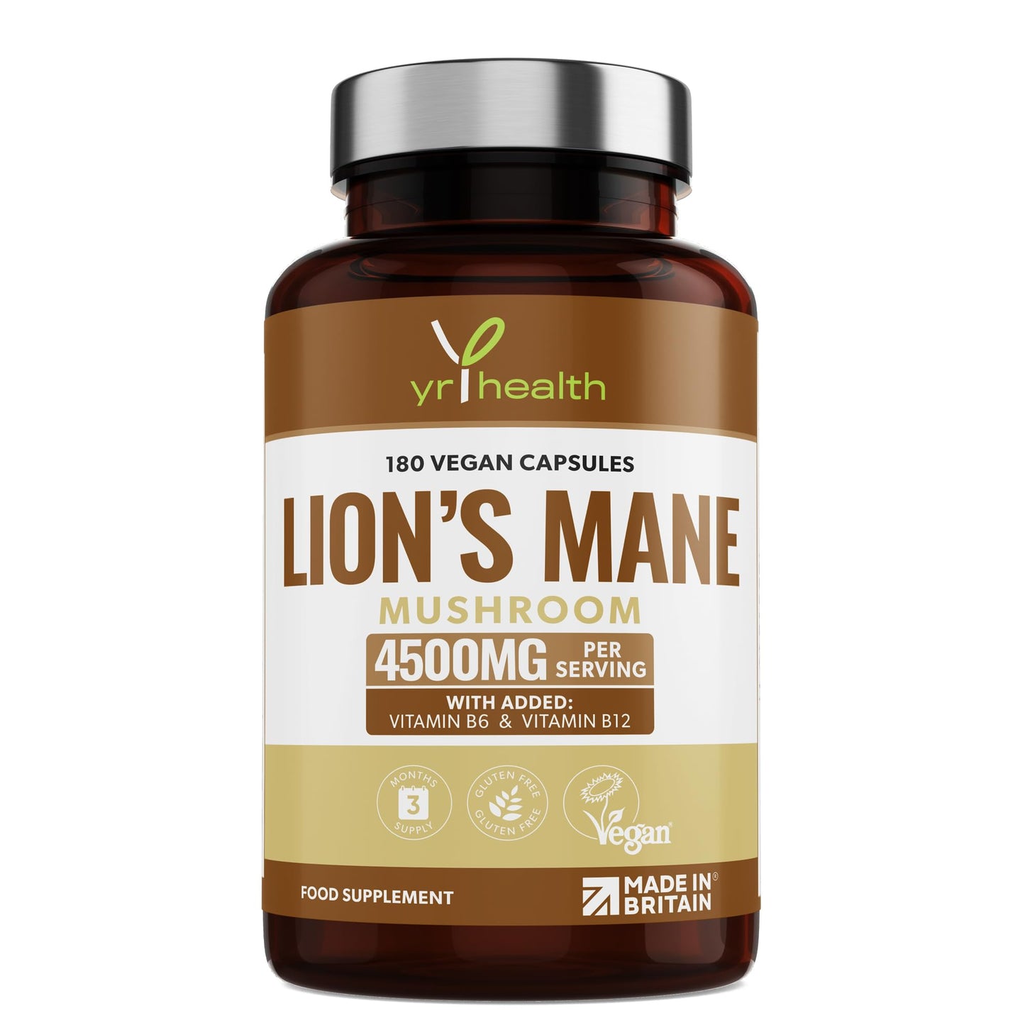yrhealth Lion's Mane Mushroom Supplement 4500mg - 180 Vegan Capsules with Added Vitamin B6 & B12, Supports Immune System & Promotes Digestive Health - 3 Months Supply - Made in The UK by YrHealth