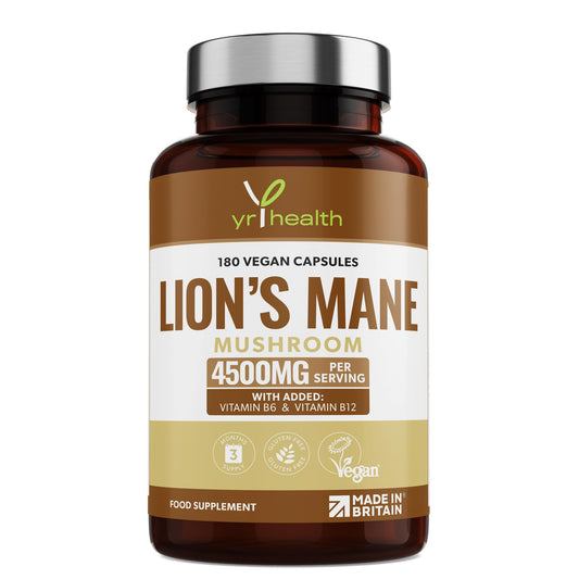 yrhealth Lion's Mane Mushroom Supplement 4500mg - 180 Vegan Capsules with Added Vitamin B6 & B12, Supports Immune System & Promotes Digestive Health - 3 Months Supply - Made in The UK by YrHealth