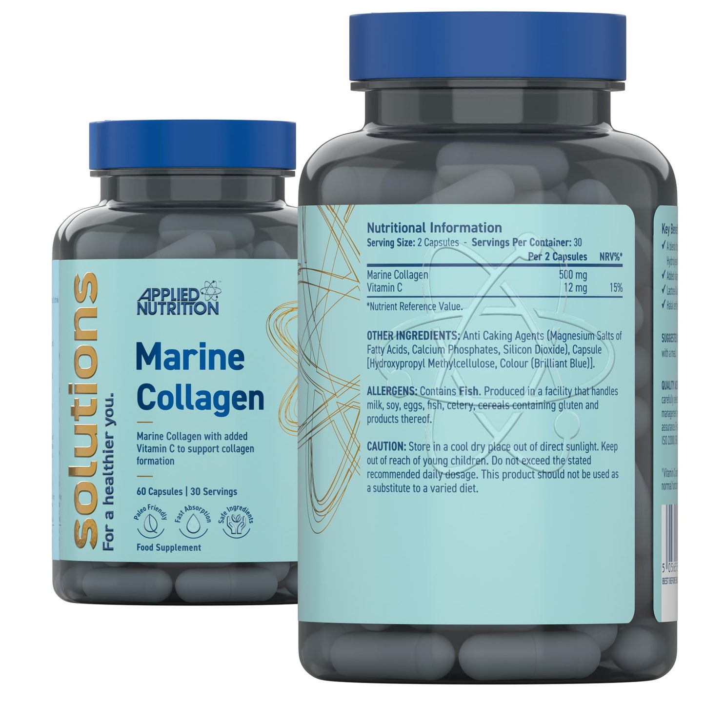 Applied Nutrition - Solutions - Marine Collagen - High Strength Type I Hydrolysed Collagen Capsules - Skin, Hair, Nail & Joint Support - 60 Capsules - 30 Servings