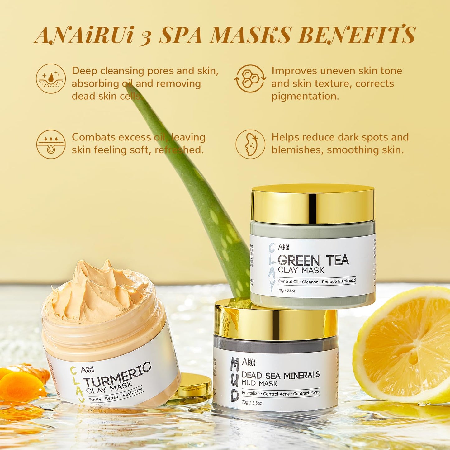 ANAI RUI ANAiRUi Face Mask Gift Set for Christmas 70g*3, Turmeric Clay Mask - Green Tea Clay Face Mask - Dead Sea Minerals Mud Mask, 210 G