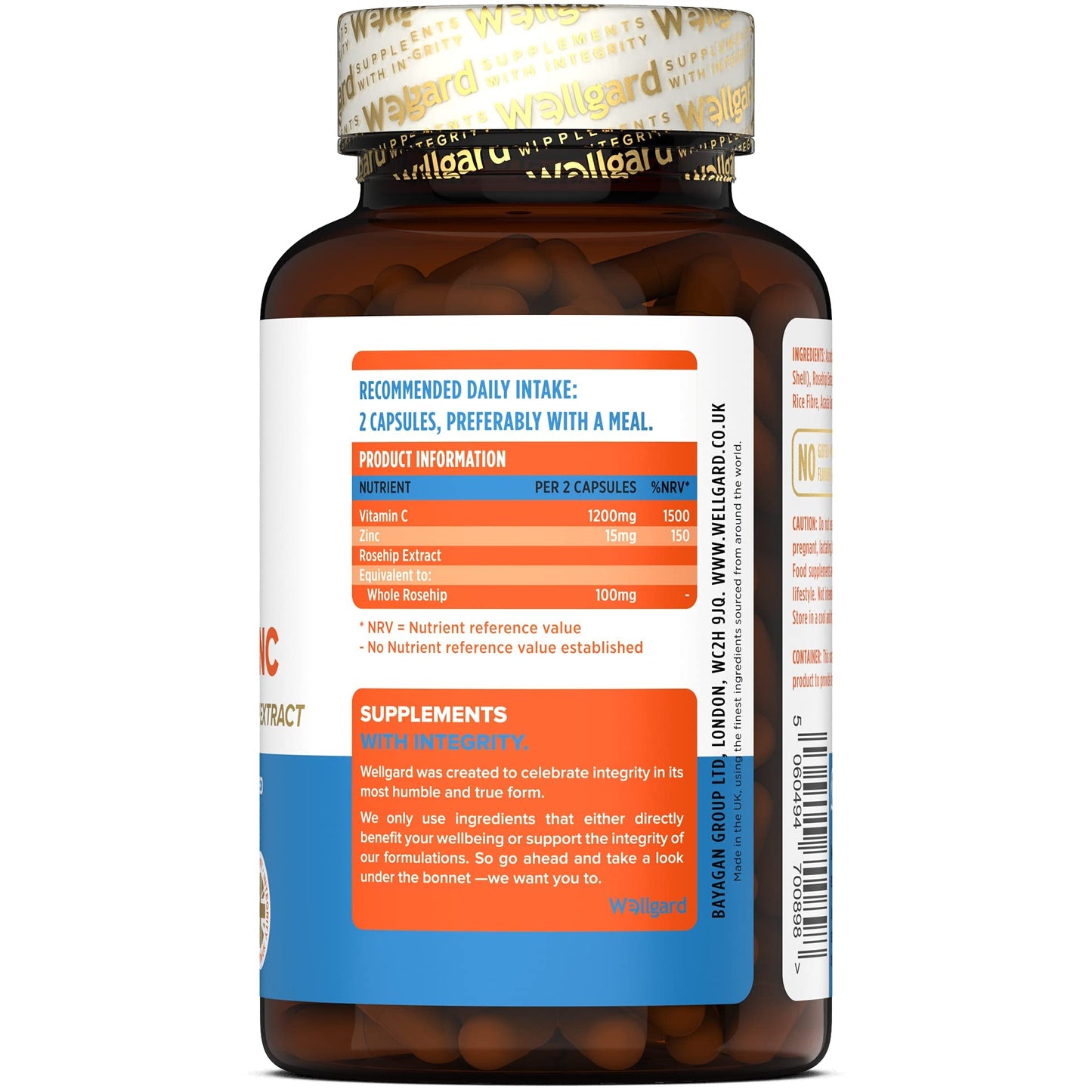 Wellgard Vegan Vitamin C and Zinc - Maximum Recommended Daily Intake of Zinc, Made in UK