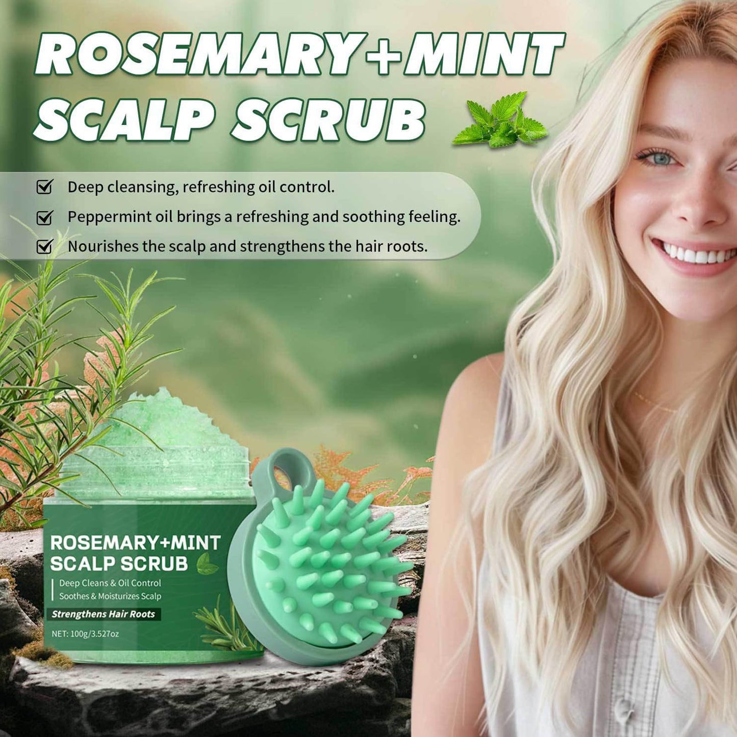 DMQ Rosemary Scalp Scrub with Mint Oil, Mint Scalp Exfoliator, Scalp Cleansing Nourishing, Prevent Hair Loss,Dandruff and Build-Up Remover, Scrub Cream with Scalp Massager, 100g