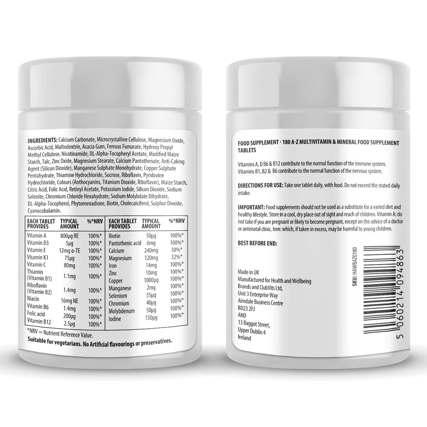 Club Vits A-Z Multivitamin and Minerals 180 Tablets, Vitamins for Men's and Women's, 23 High Strength Vitamins and Minerals Including Iron, Zinc Vitamin C and More (180)