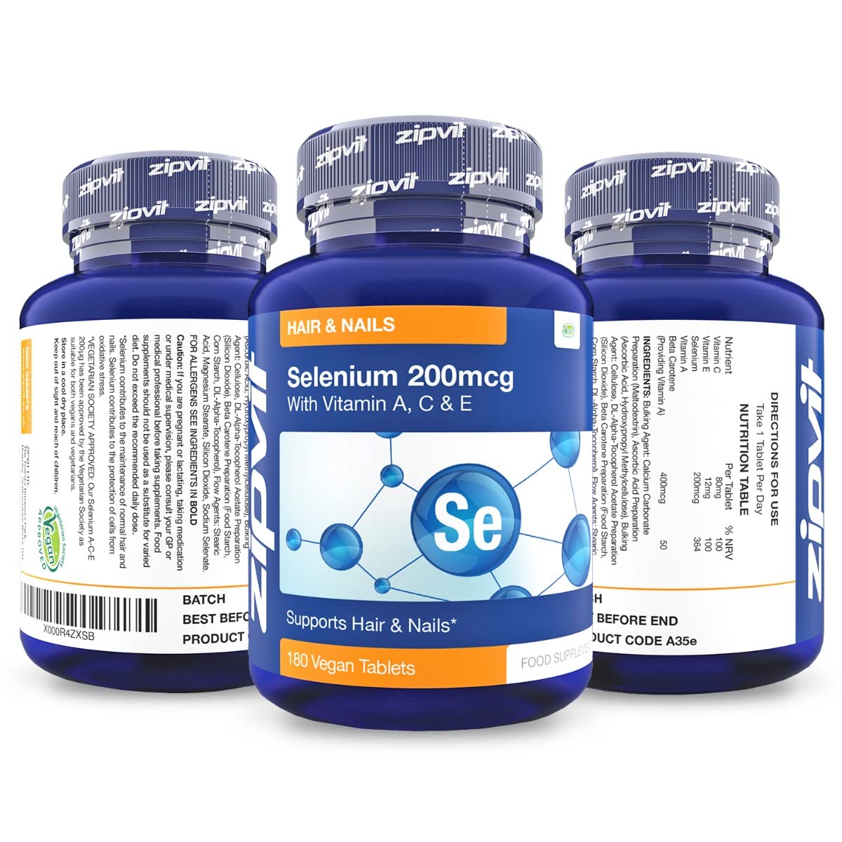 Zipvit Selenium 200mcg with Vitamins ACE, 180 Vegan Tablets, High Strength Selenium Supplement, Supports Hair and Nails, Immune System and Thyroid Function, 6 Month Supply, UK Supplier