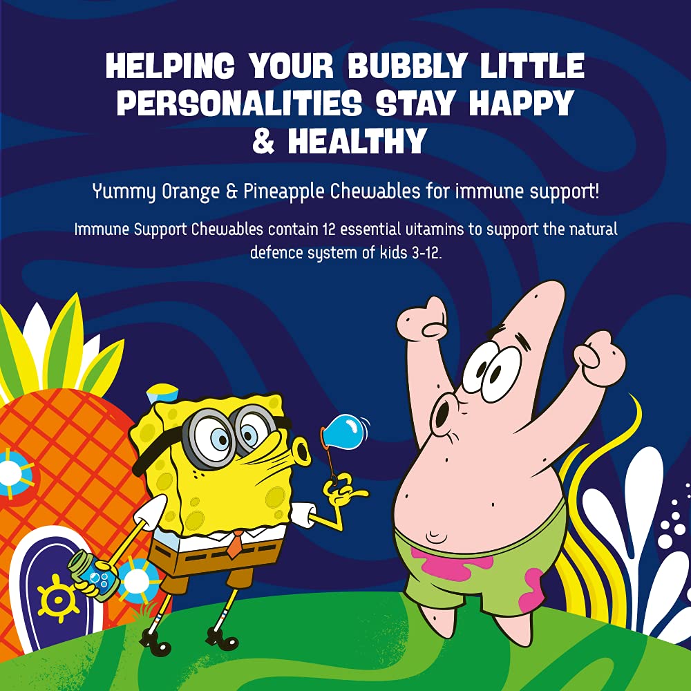SpongeBob SquarePants Immune Support, 60 Orange & Pineapple Chewables with 12 Essential Vitamins, Vegan, No Added Sugar, for 3-12 Year Olds Duo Pack