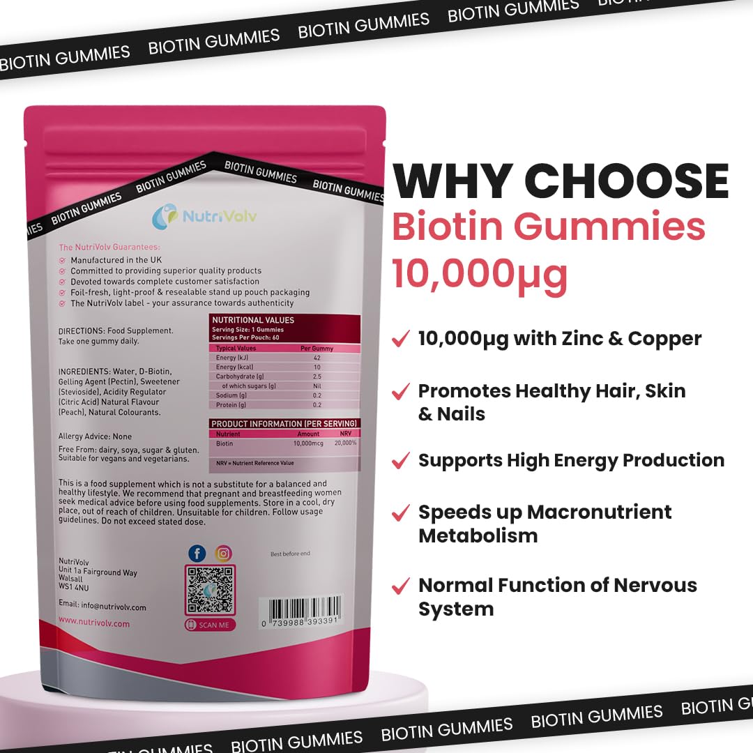 Nutrivolv Biotin Gummies 10,000mcg | 60 Vegan Gummies | 60 Day Supply | for Hair Growth & Skin & Nails Health | Natural Peach Flavour | Vitamin B7 Gummies | Gelatine Free | Sugar Free | Non-GMO | by NutriVolv